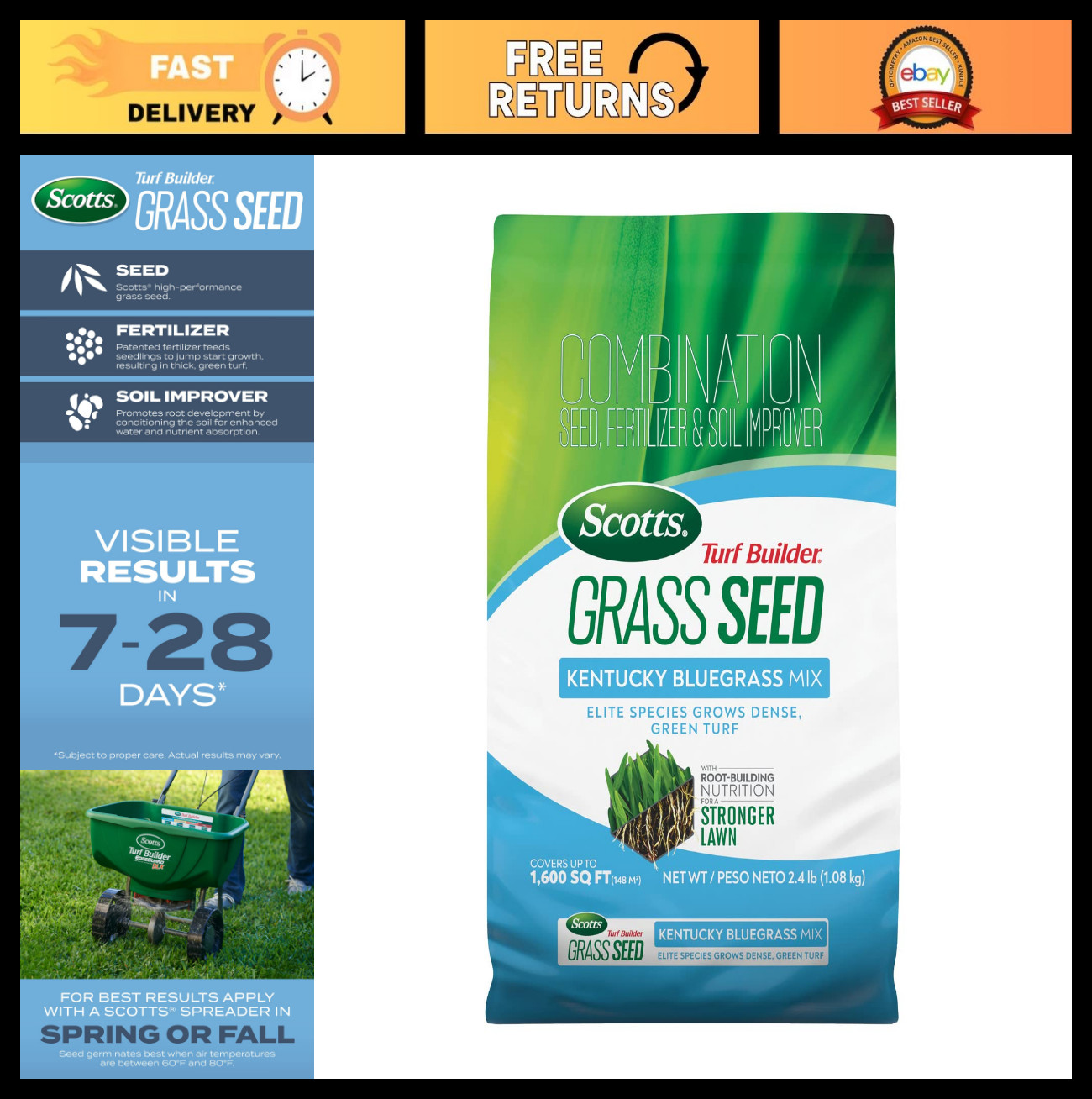 Kentucky Bluegrass Seed Mix with Fertilizer & Soil Improver – Covers 1,600 sq ft