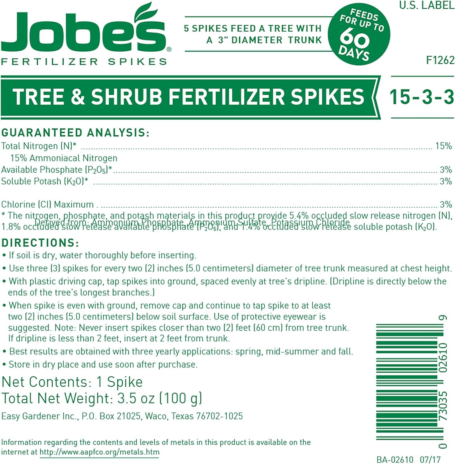 Jobe’s 02010 5 Pack 15-3-3 Tree & Shrub Food Fertilizer Spikes