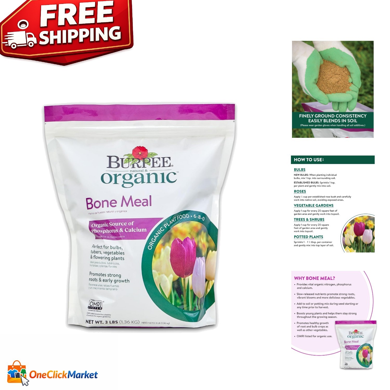 Natural Bone Meal Fertilizer – Ideal for Organic Gardening & Fall Planting, 3 lb
