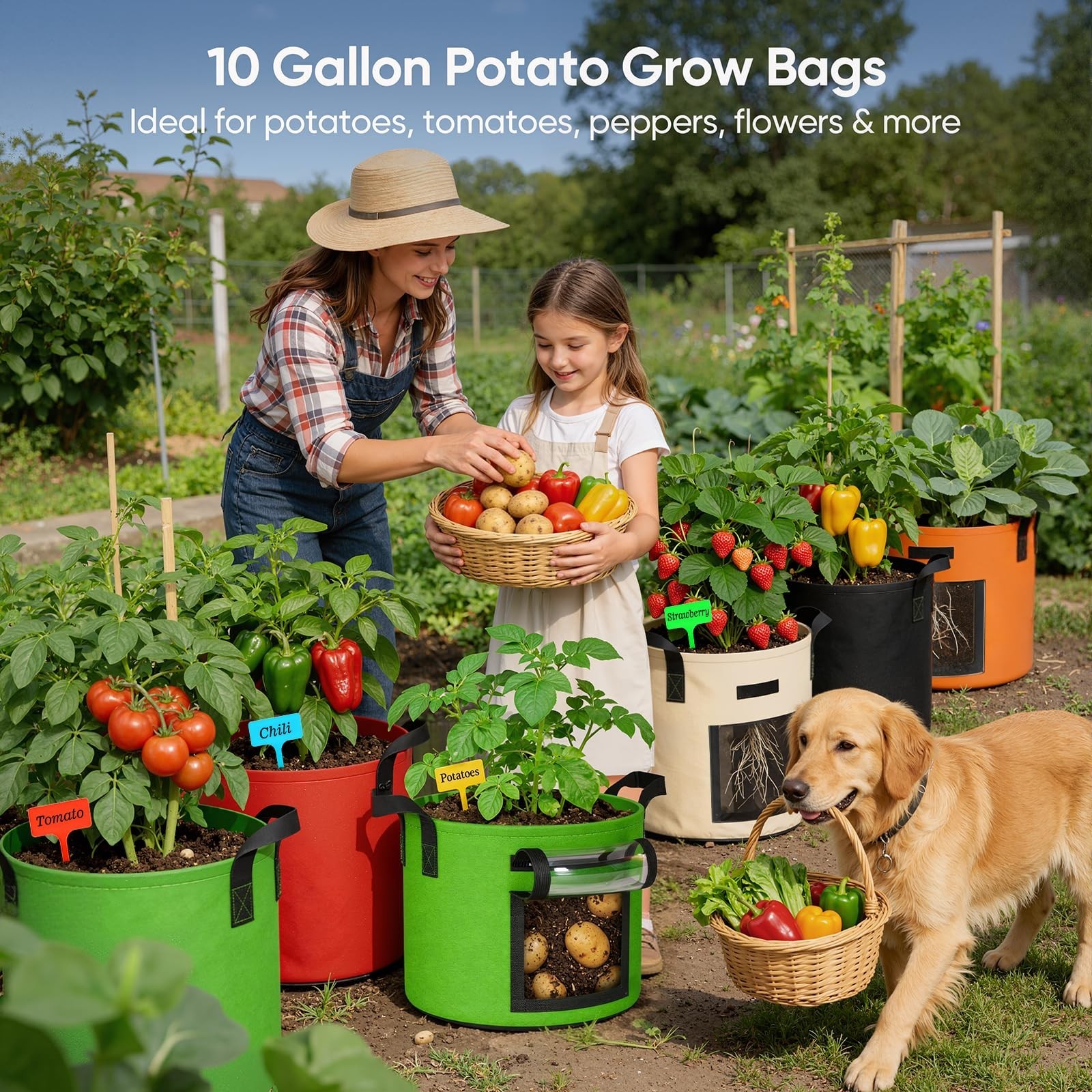 10 Gallon Potato Grow Bags: 5 Pack 350G Heavy Duty Thickened Grow Bags with C…