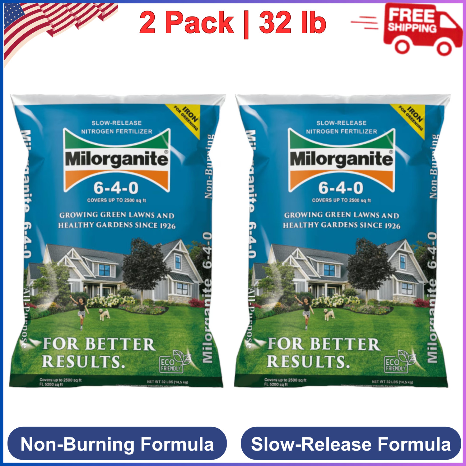 2 Pack Milorganite Long Lasting All Purpose Lawn Food, 6-4-0 Fertilizer, 32 lb.