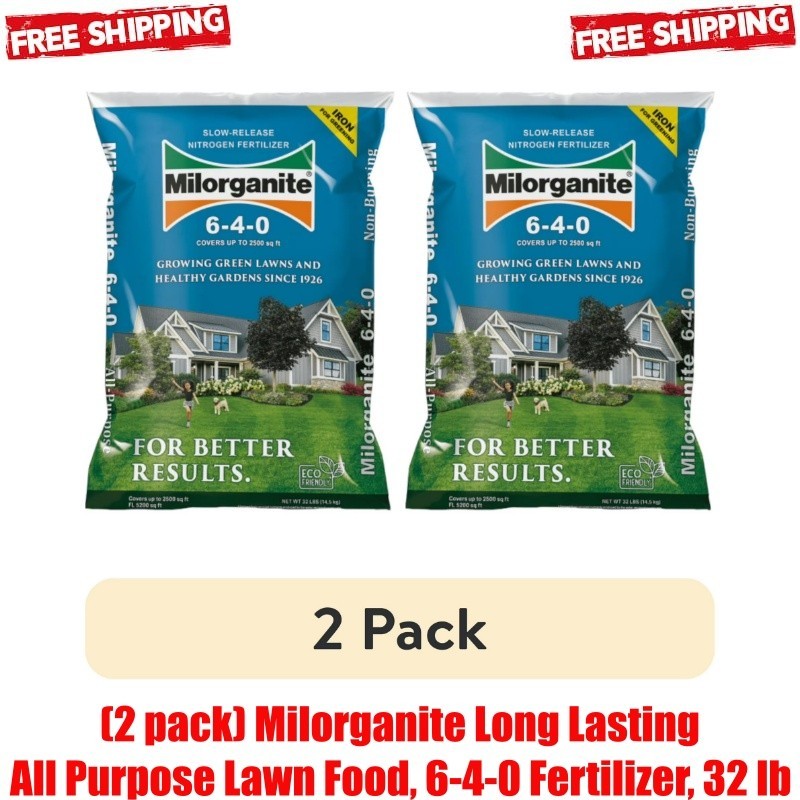 (2 pack) Milorganite Long Lasting All Purpose Lawn Food, 6-4-0 Fertilizer, 32 lb