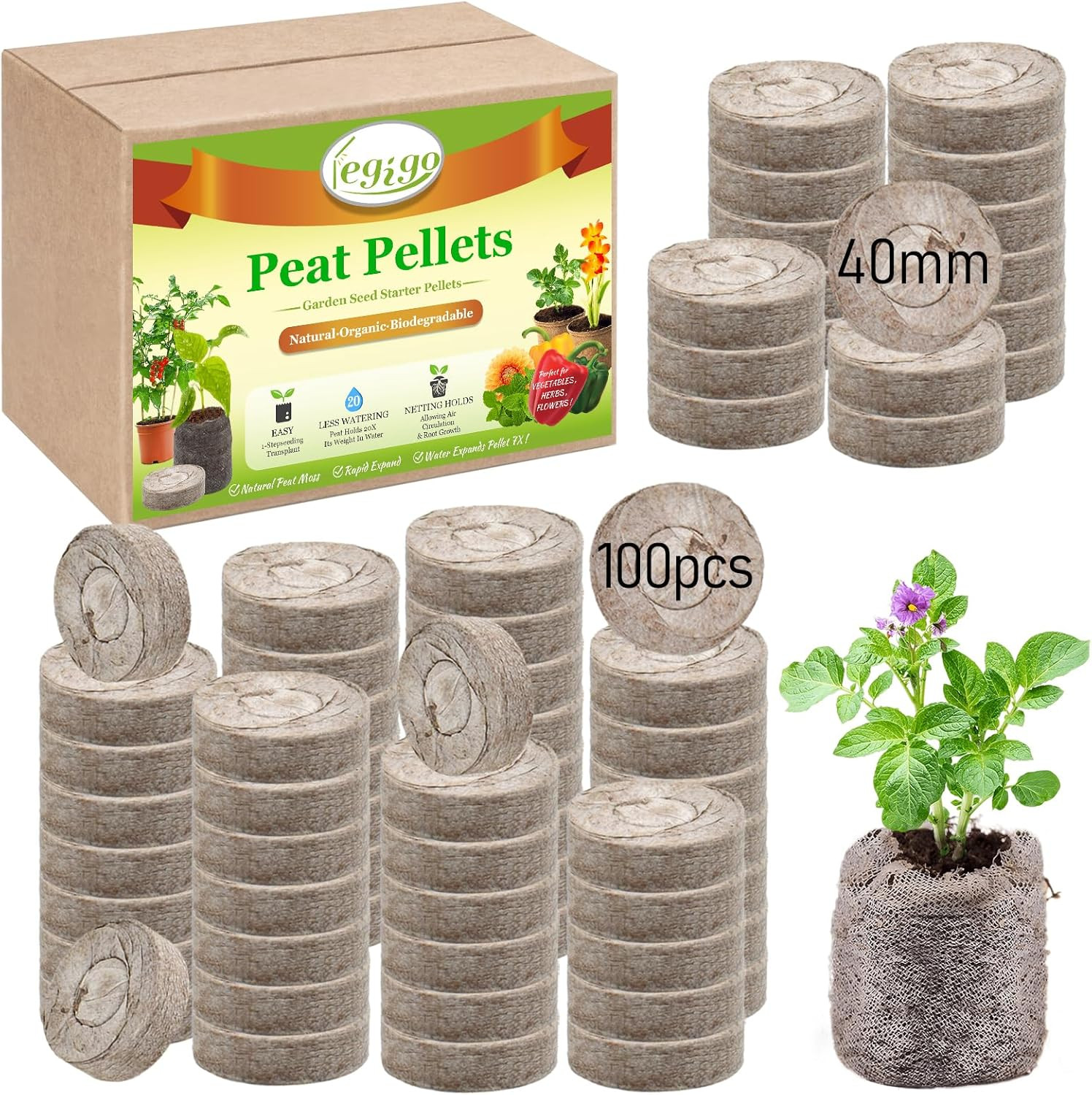 100 Pcs 40mm Seed Starter Peat Pellets Pods for Seeds, Plants, Herbs, Veggies
