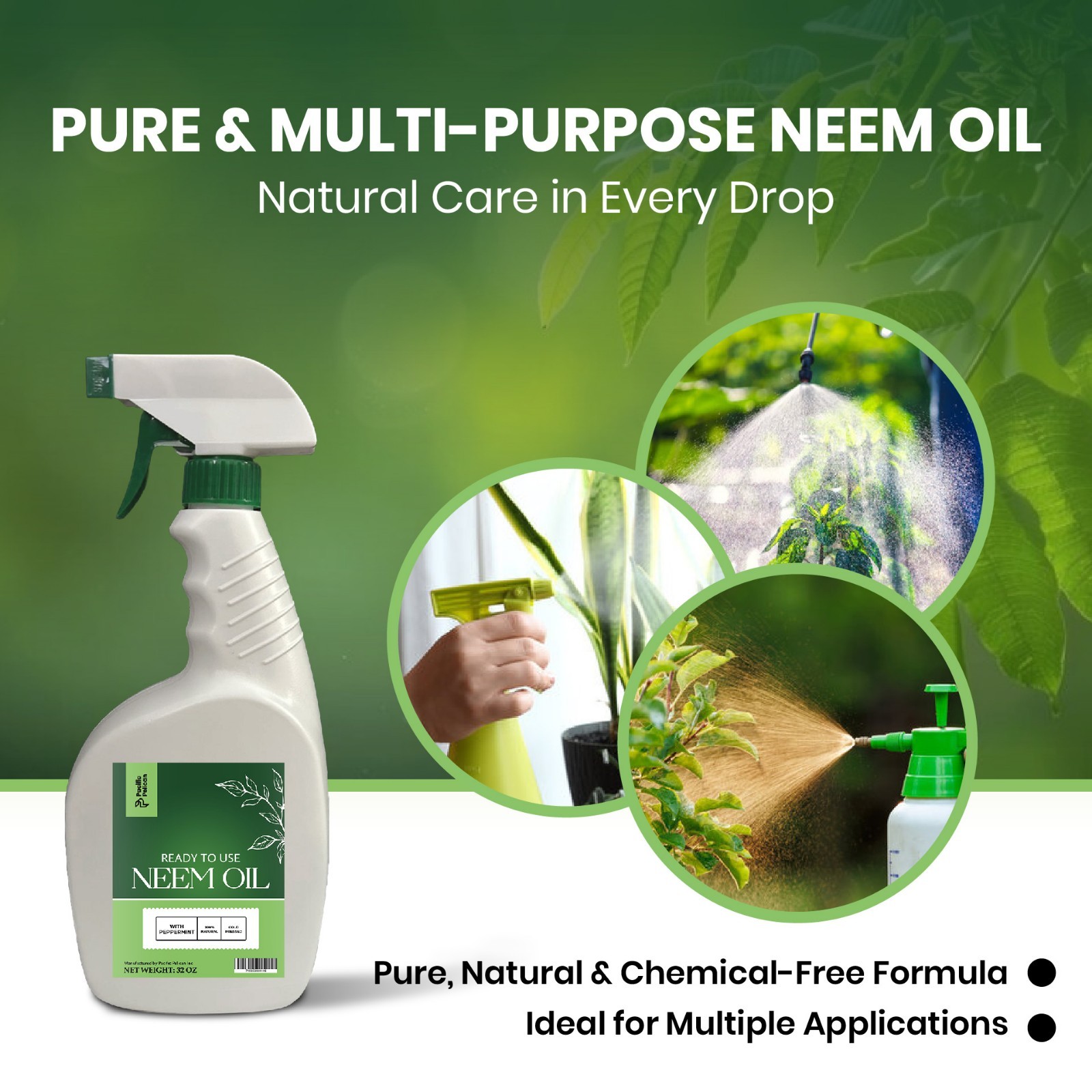 Pacific Pelican Ready-to-Use 16oz Organic Neem Oil Spray with Peppermint
