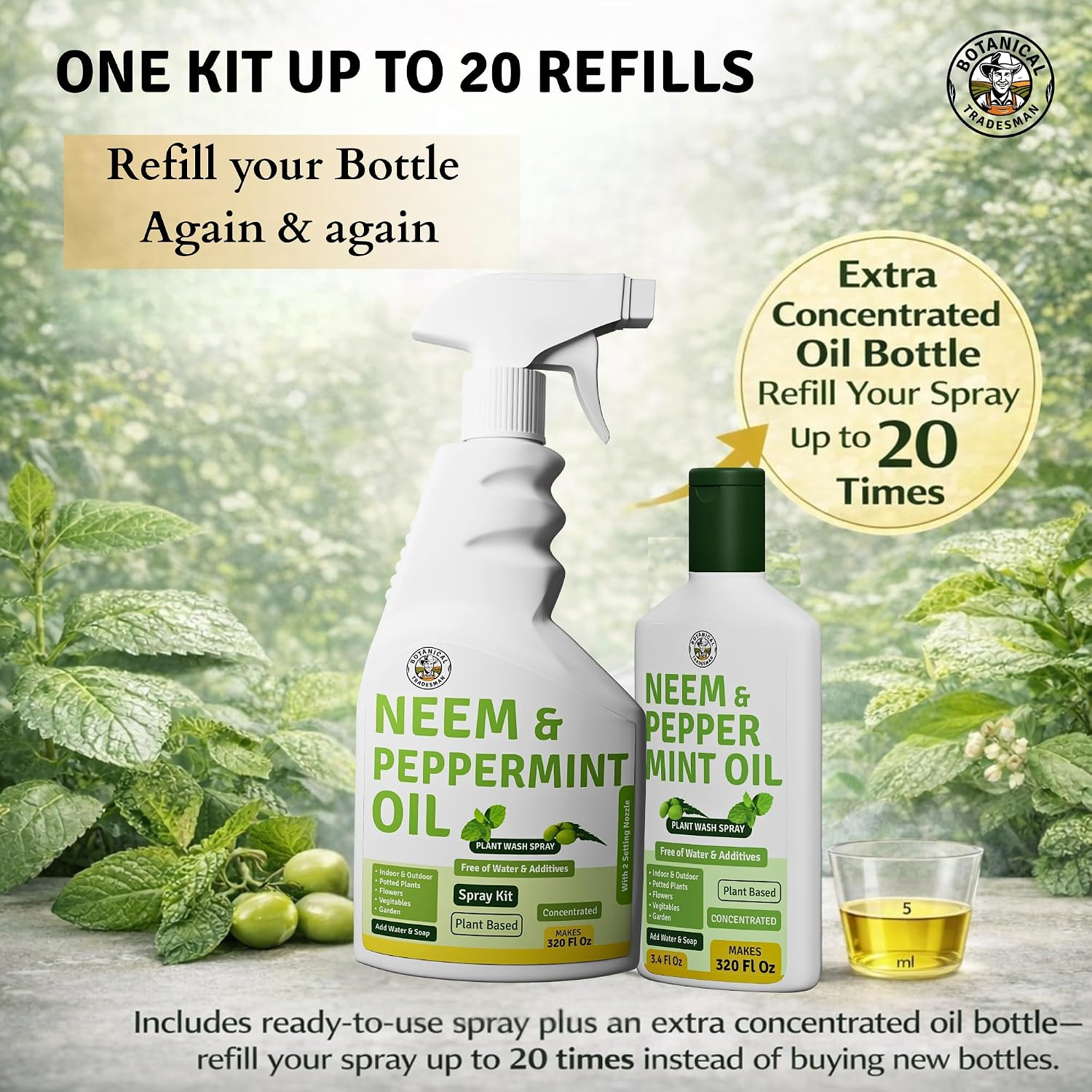 Neem Oil Spray for Plants with Peppermint – Makes 320 Fl Oz – 20 Times Refill- D