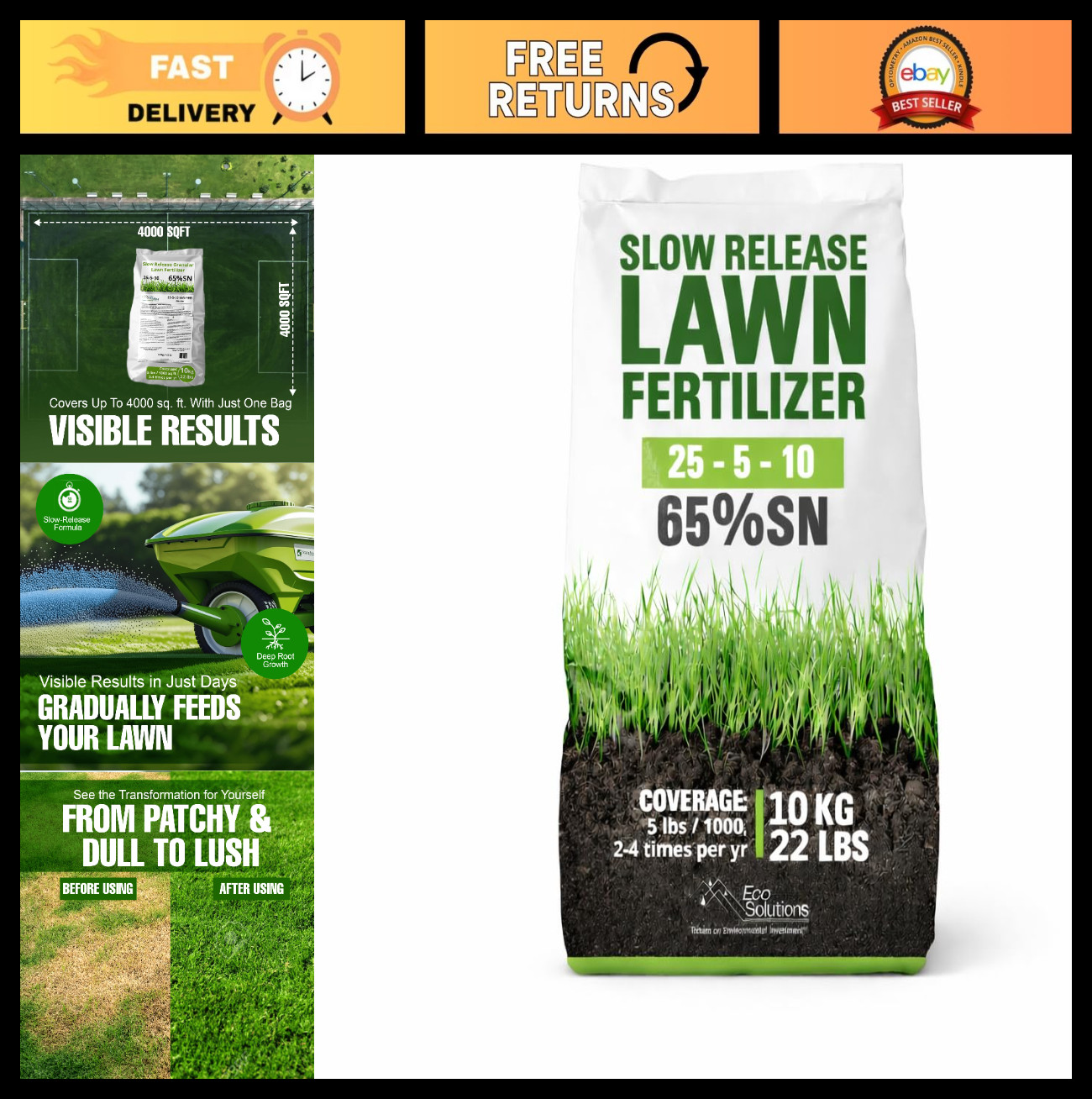Slow Release Lawn Fertilizer 25-5-10 NPK – 65% Granular Nitrogen for 110 Days –