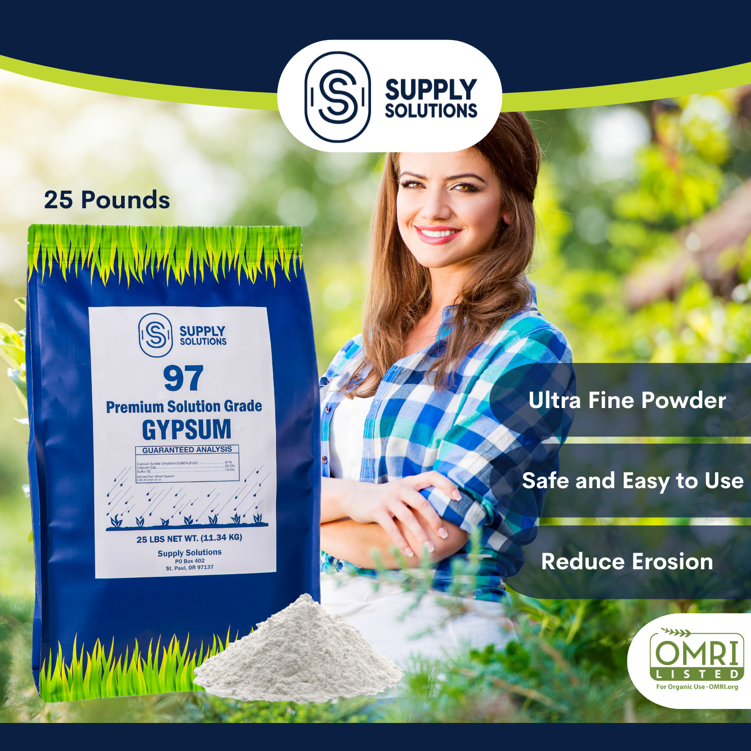 Premium 97 Solution Grade Gypsum – Organic Fast Acting Gypsum for Soil – 25 Lbs