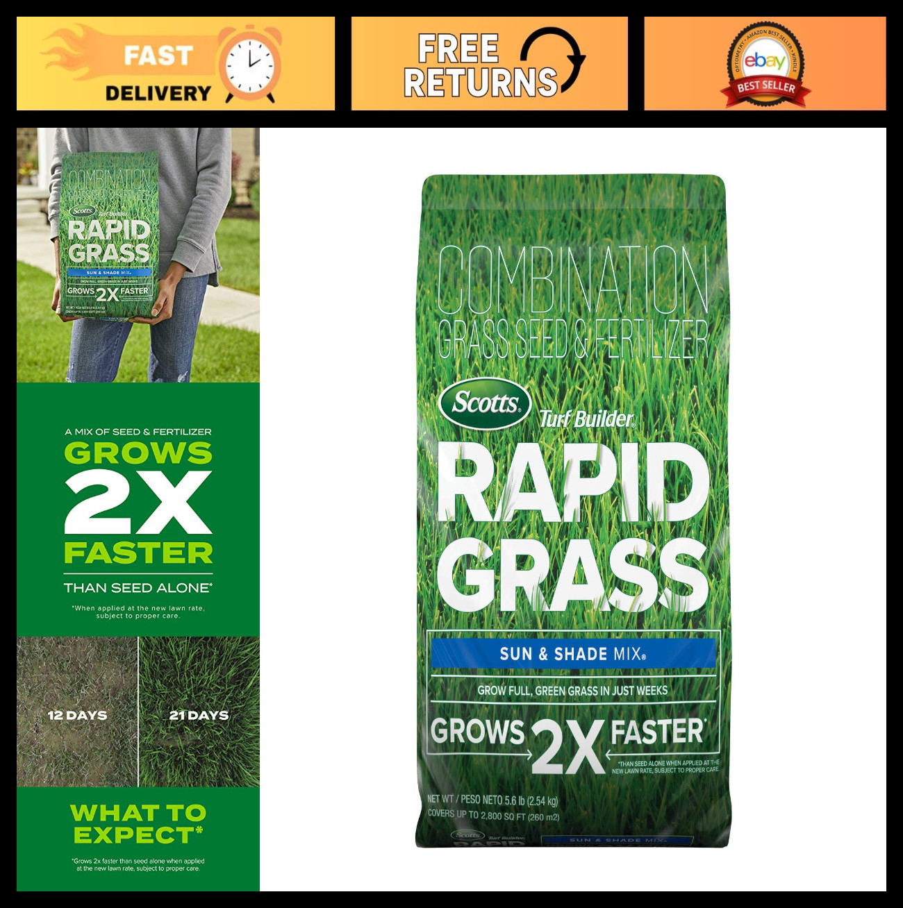 Rapid Grass Seed & Fertilizer Mix for Sun & Shade – Grows Green in Weeks, 5.6 lb