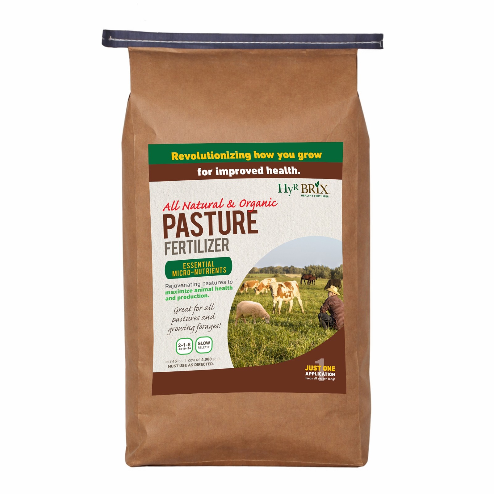 HyR BRIX Organic 2-1-8 Pasture Fertilizer, 45lb Bag (Covers 4,000 Sq Ft)