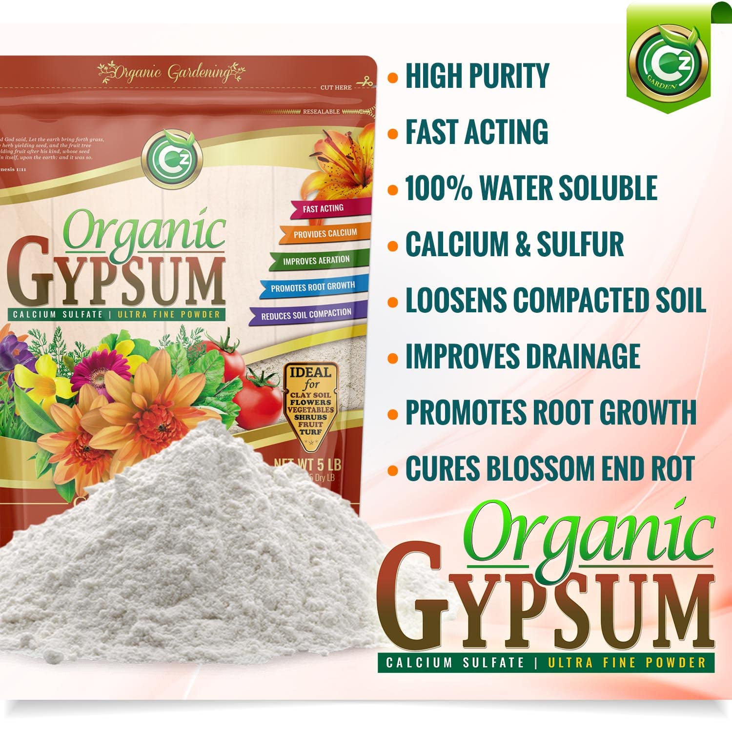 Organic Gypsum Powder 5LB – Made in USA – OMRI Listed – Calcium Sulfate Dihydrat