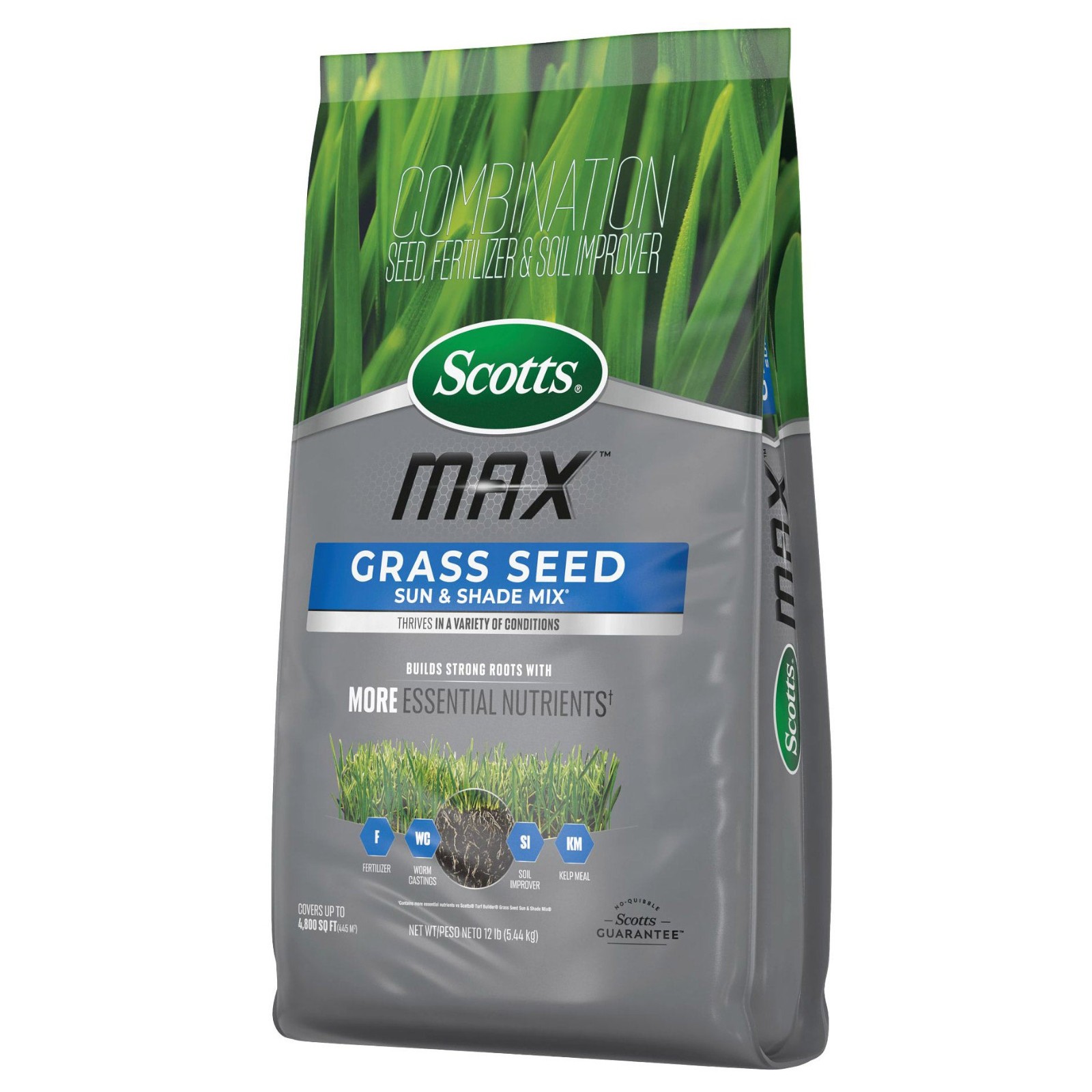 Scotts Max Sun & Shade Grass Seed Mix Fertilizer Soil Improver, 4800 Sq Ft, 12lb