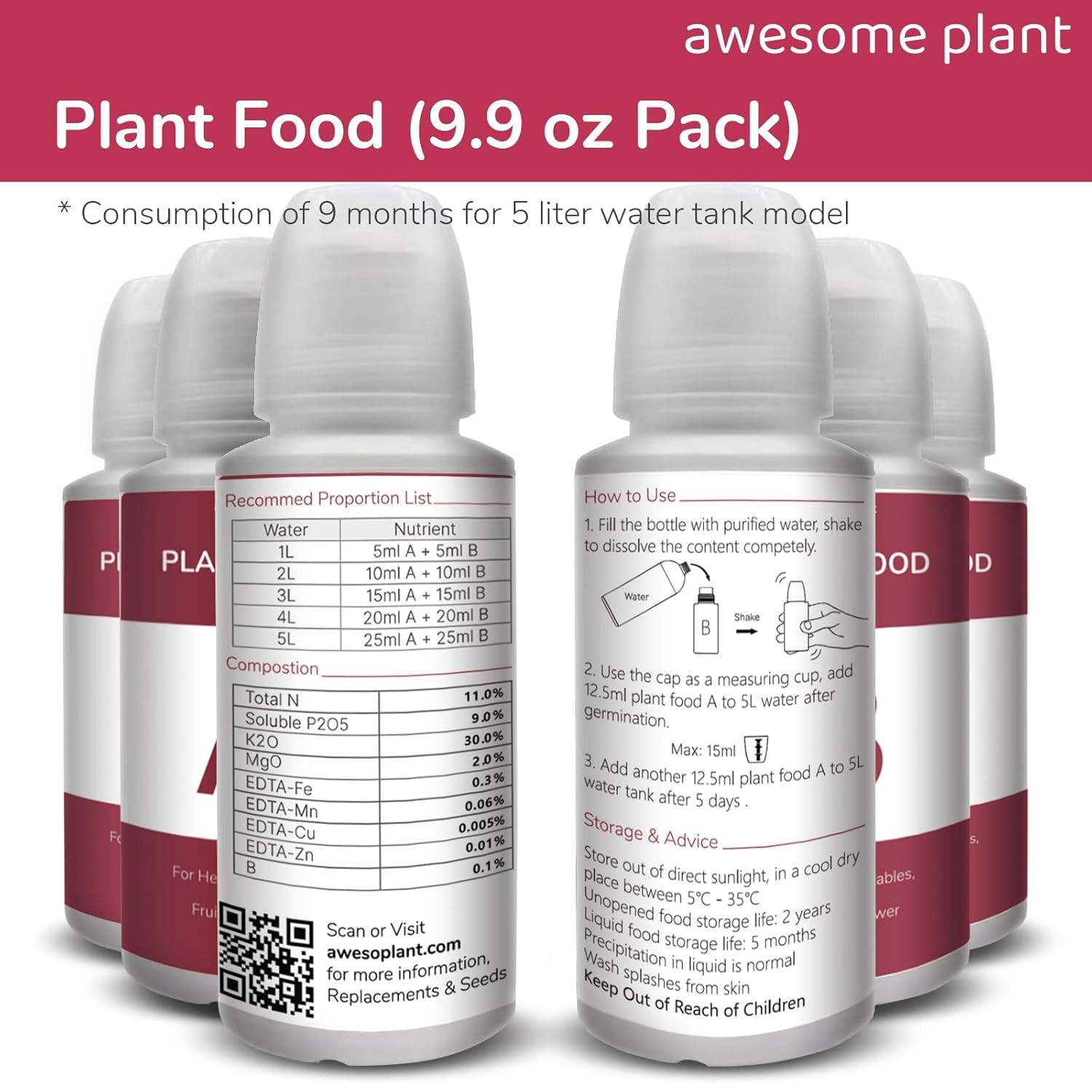 Hydroponic Plant Food A&B Set 600ml Nutrients for Faster Growth Indoor Gardens