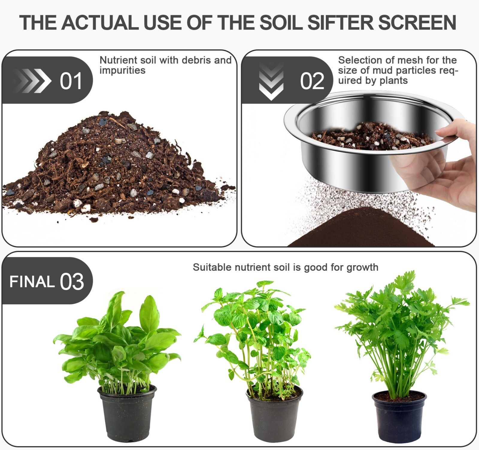 dirt garden sieve soil sifter – Stainless Stackable Sifting Pan Soil Sand Sieve