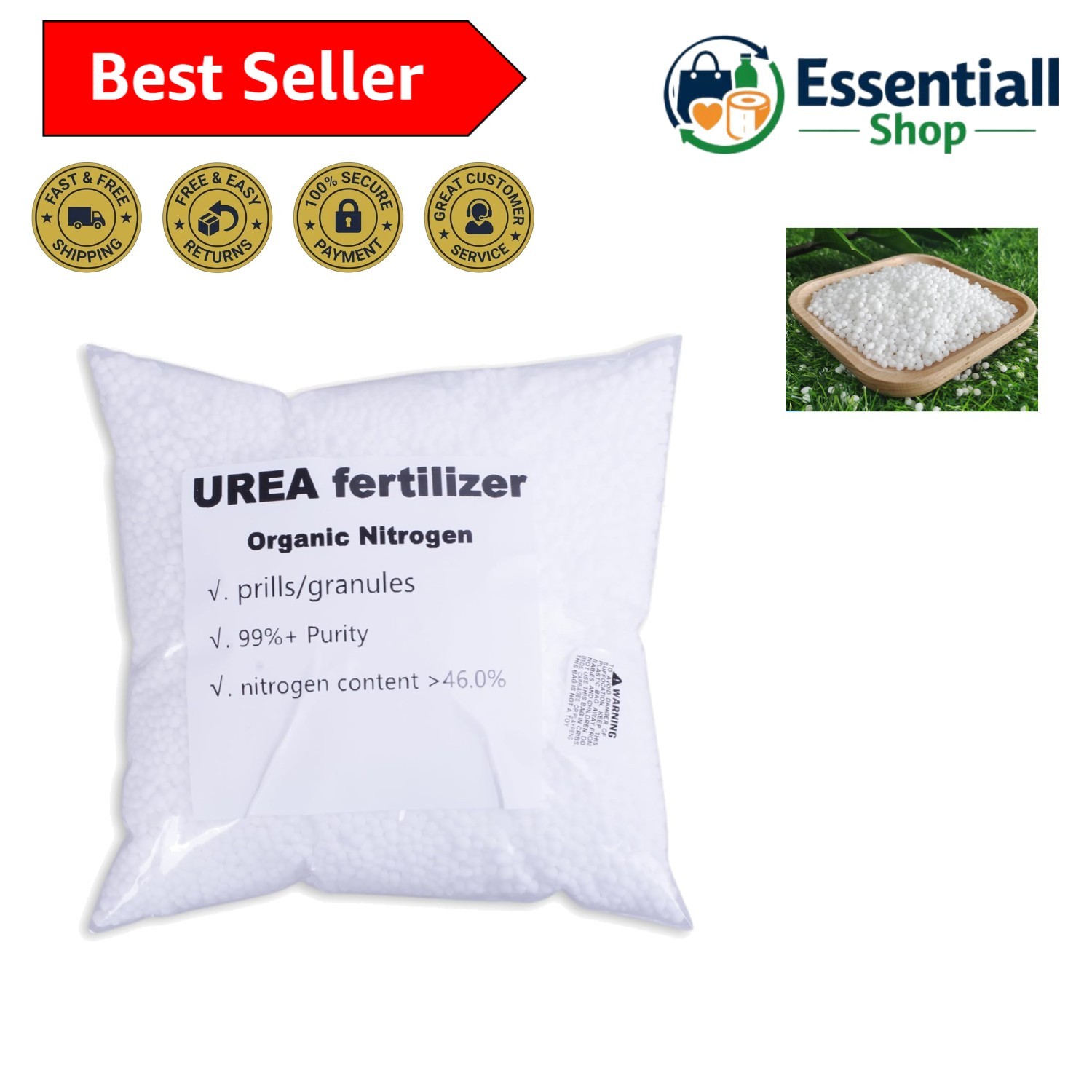 Urea Fertilizer 46.0% Minimum Nitrogen Commercial Grade 99+% Purity Plant Foo…