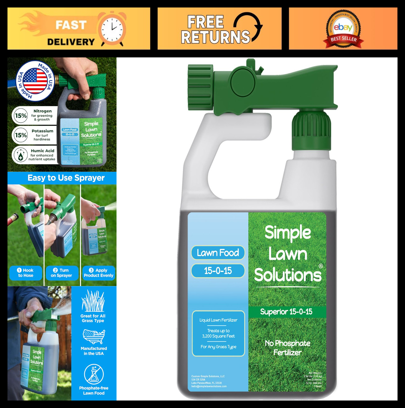 15-0-15 Liquid Lawn Fertilizer – All Season Grass Food with Humic & Seaweed – 32
