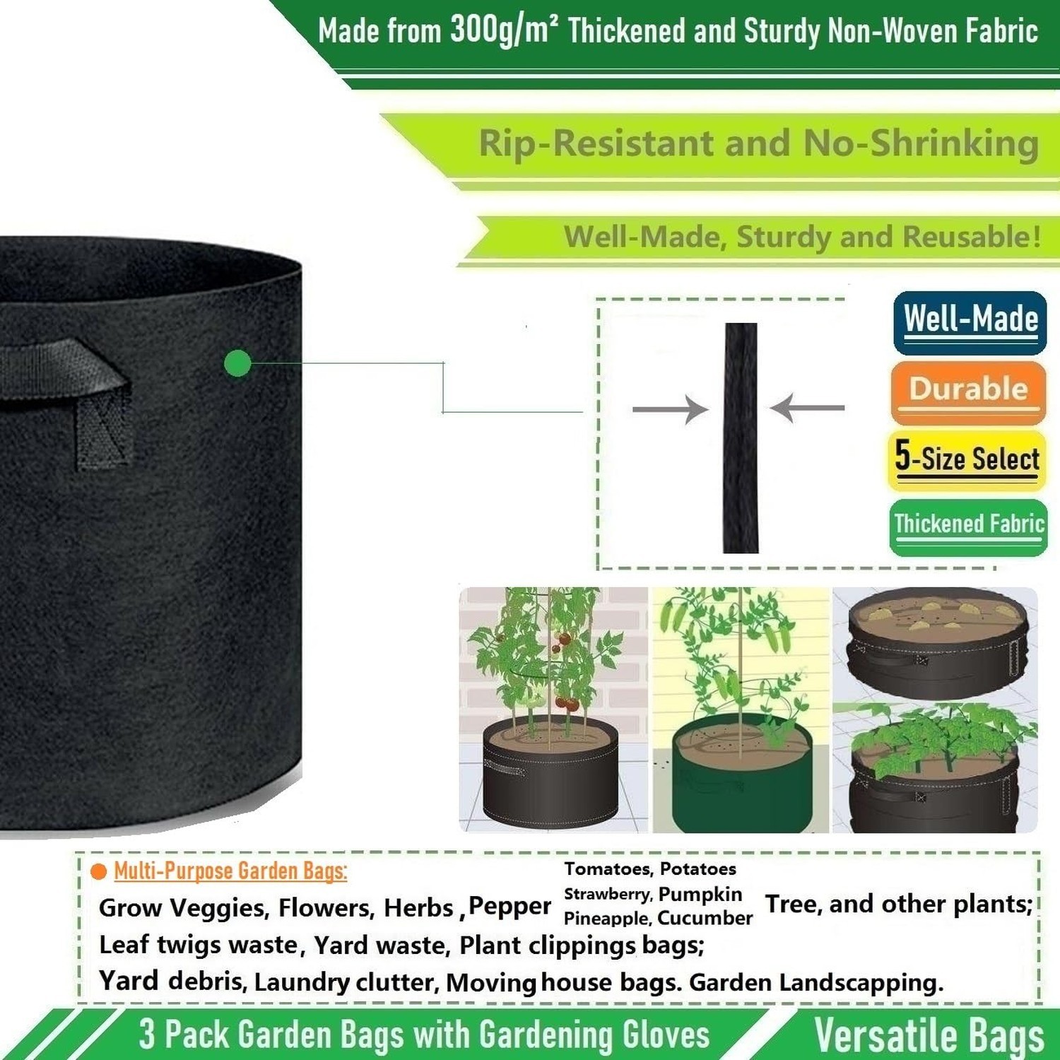 3-Pack 50 Gallon Thickened Plant Grow Bags Large (30×16 in) Heavy Duty Fabric…
