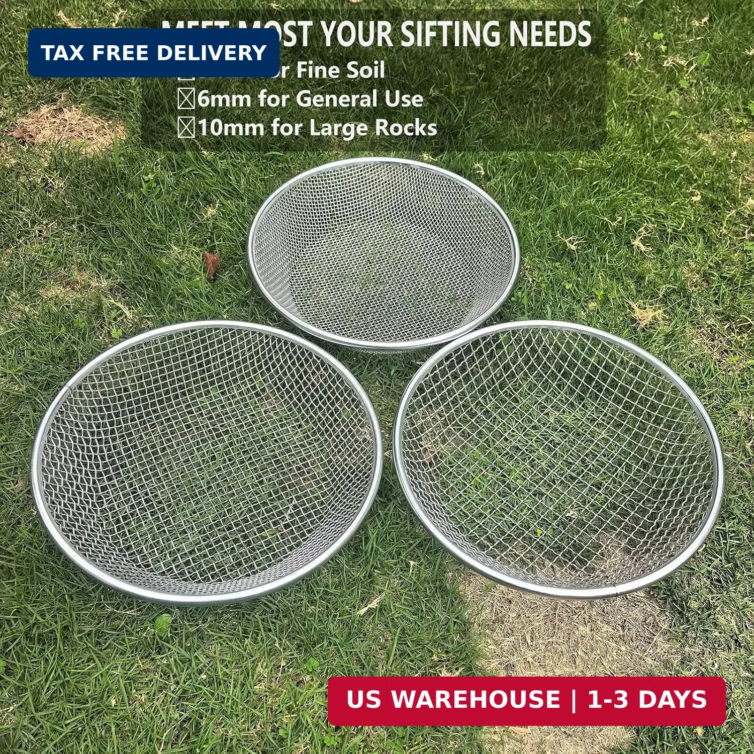 3 Pack Soil Sifter for Gardening, Heavy Duty Galvanized Steel Compost Sieve, Rou