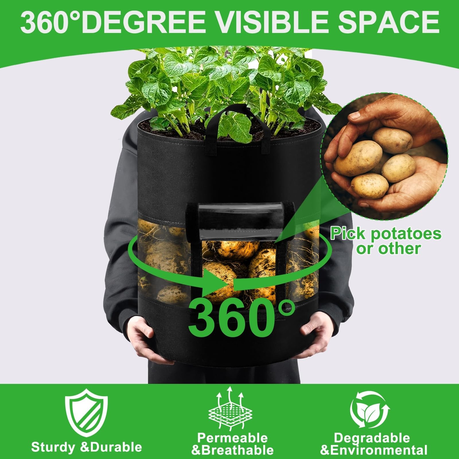 4 Pack 10 Gallon 360°Visible Potato Grow Bags,Heavy Duty Thickened Nonwoven