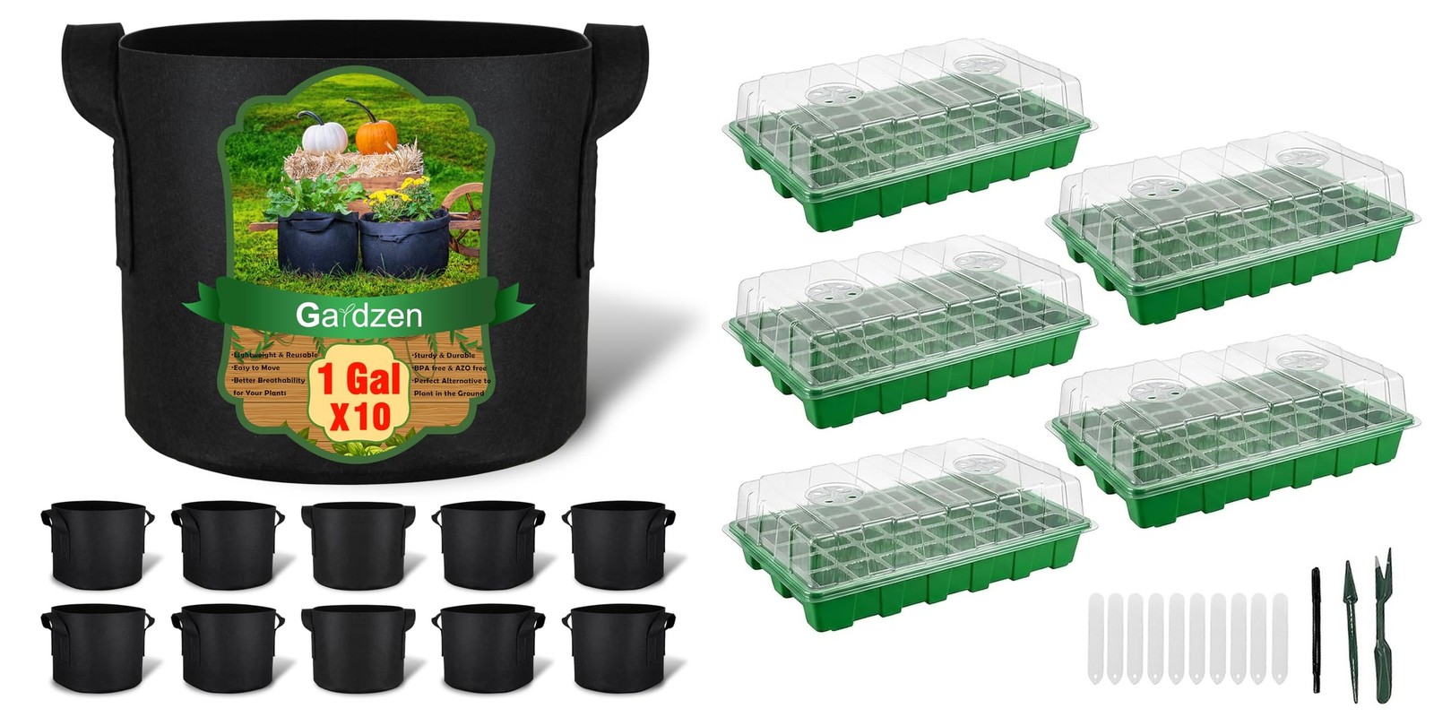 Gardzen 10 Pack 1 Gallon Grow Bags & 5 Pack 40 Cell Seed Starter Tray Kit, Th…
