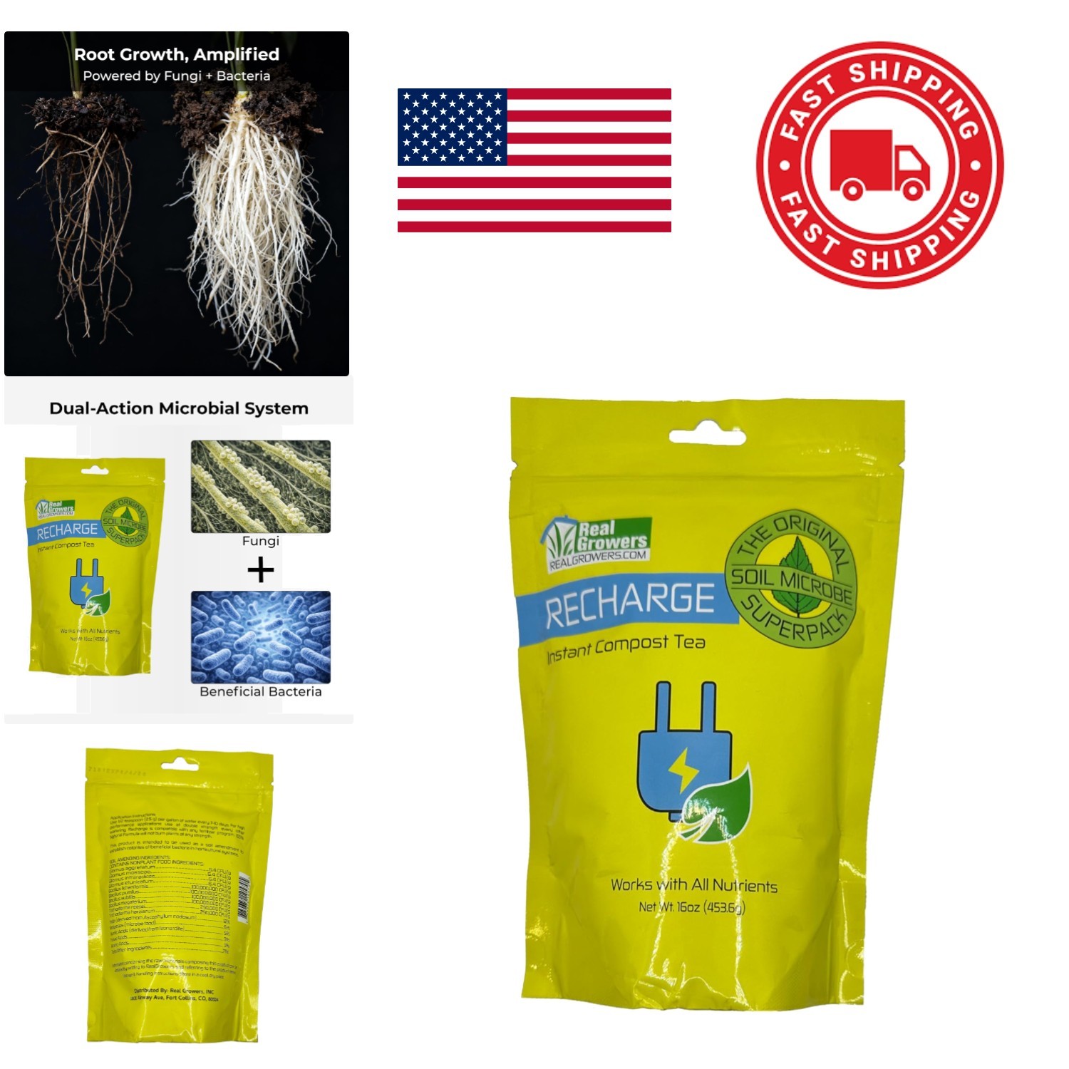 Recharge Mycorrhizae Soil Microbes Instant Compost Tea 16oz for Root Growth