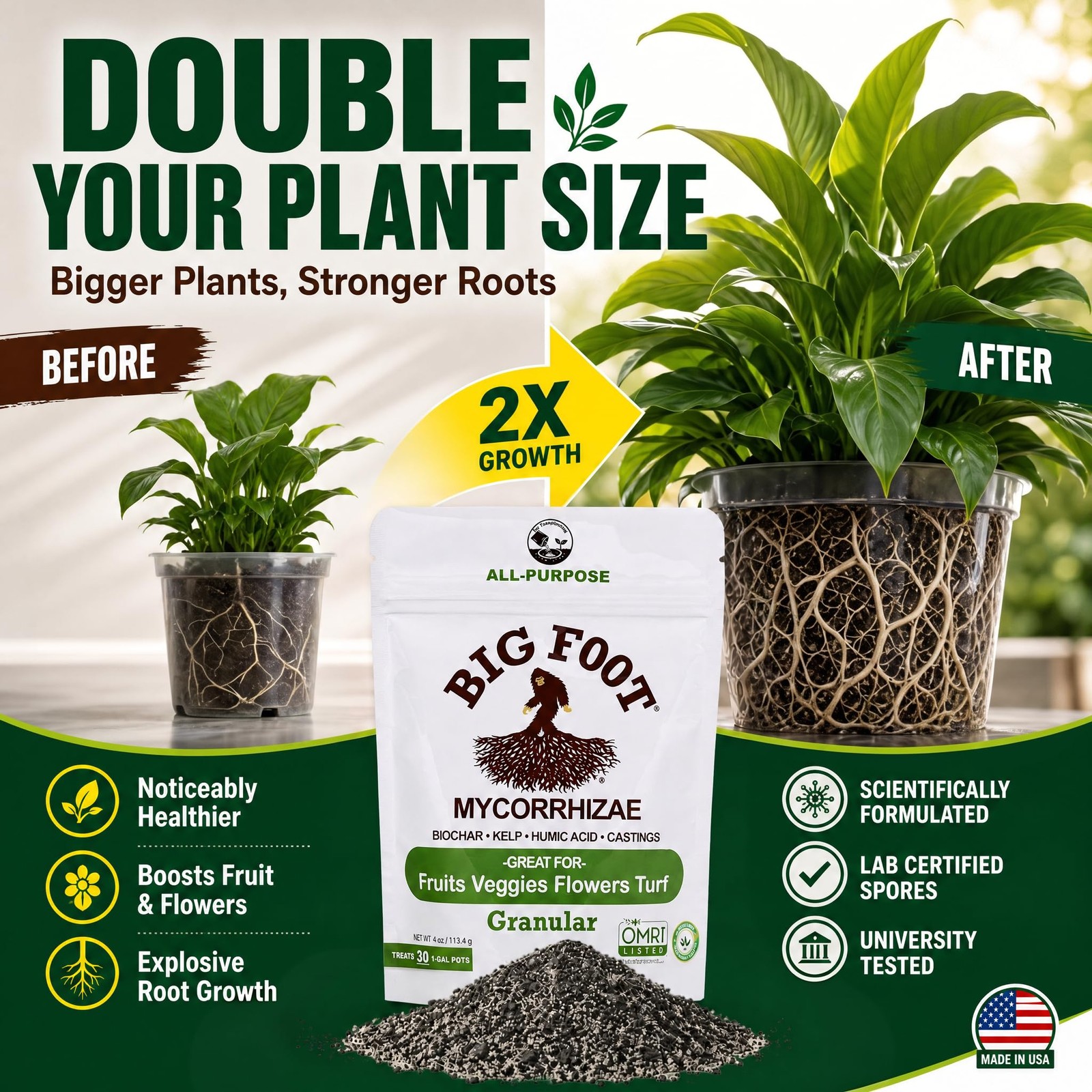 Big Foot Mycorrhizae – Double Your Plant Size, Easy to Use, Made in USA, Treats
