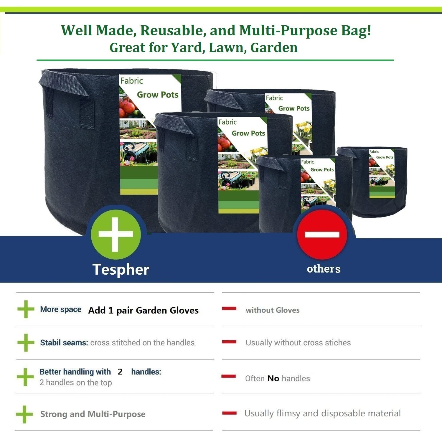 3-Pack 50 Gallon Thickened Plant Grow Bags Large (30×16 in) Heavy Duty Fabric…
