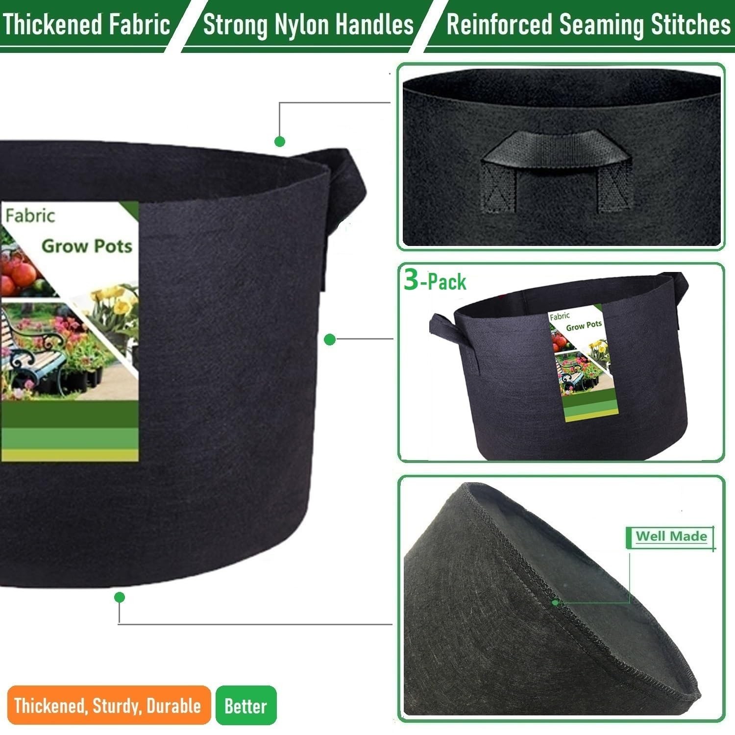 3-Pack 50 Gallon Thickened Plant Grow Bags Large (30×16 in) Heavy Duty Fabric…