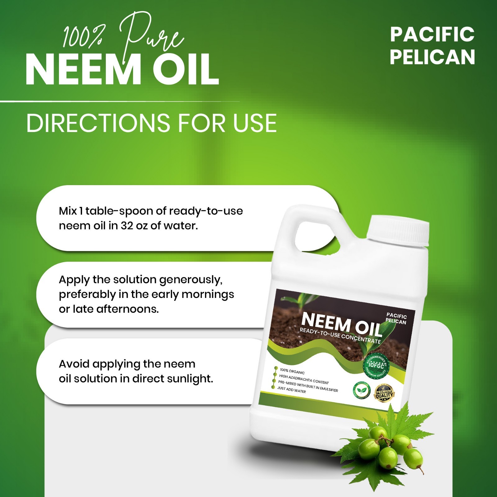 Pacific Pelican Pre-Emulsified Neem Oil Concentrate, Unscented – Ready-to-Use