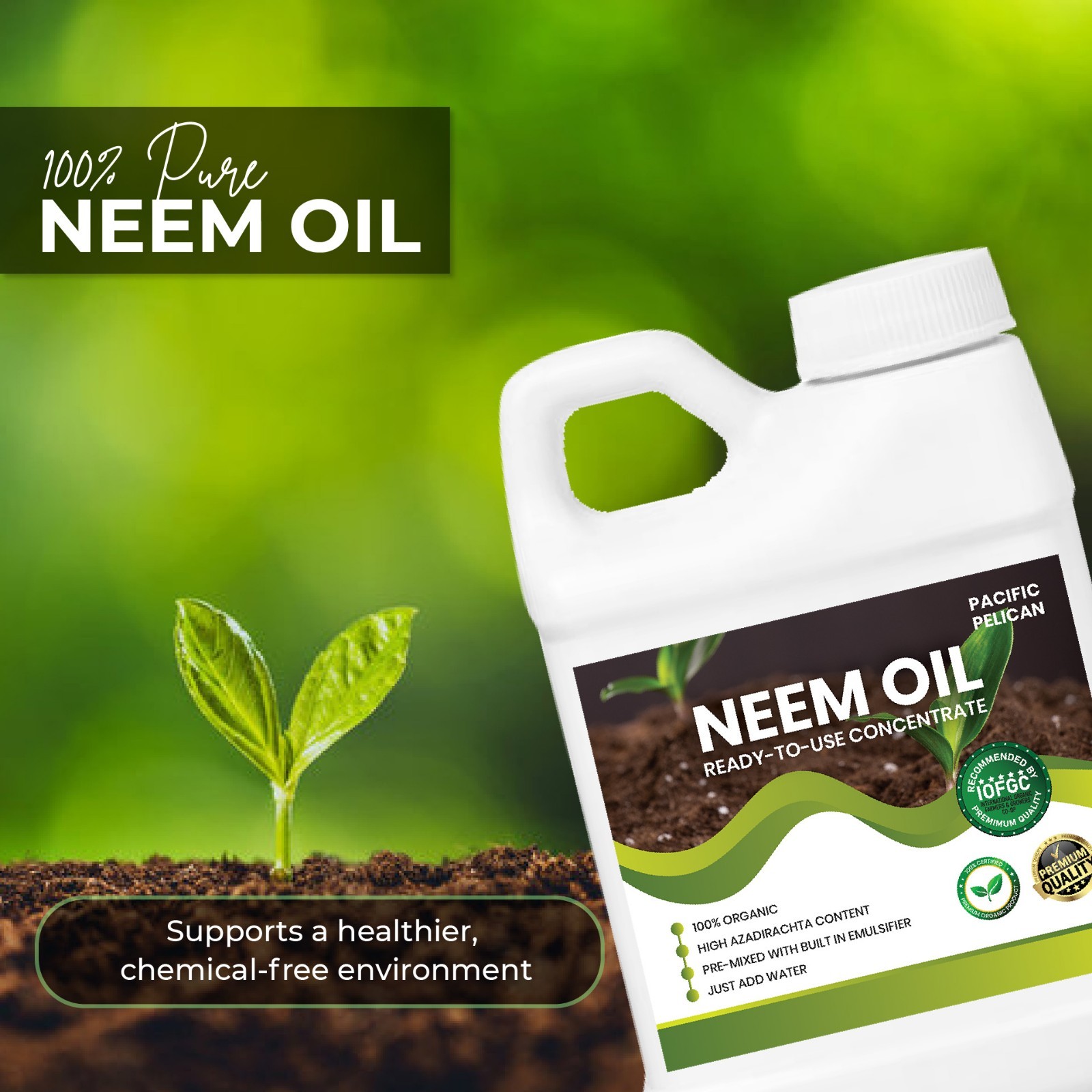 Pacific Pelican Pre-Emulsified Neem Oil Concentrate, Unscented – Ready-to-Use