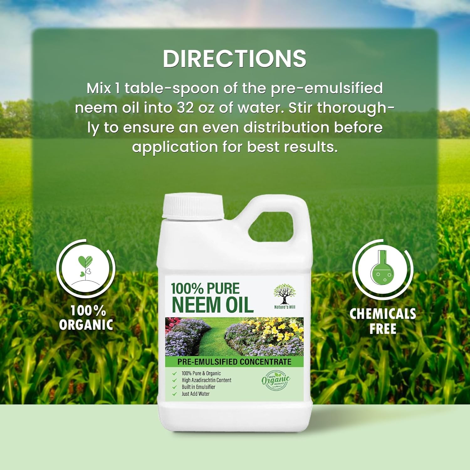 Nature’s Will Pre-Emulsified Neem Oil Concentrate | Just Add Water | Plant Care