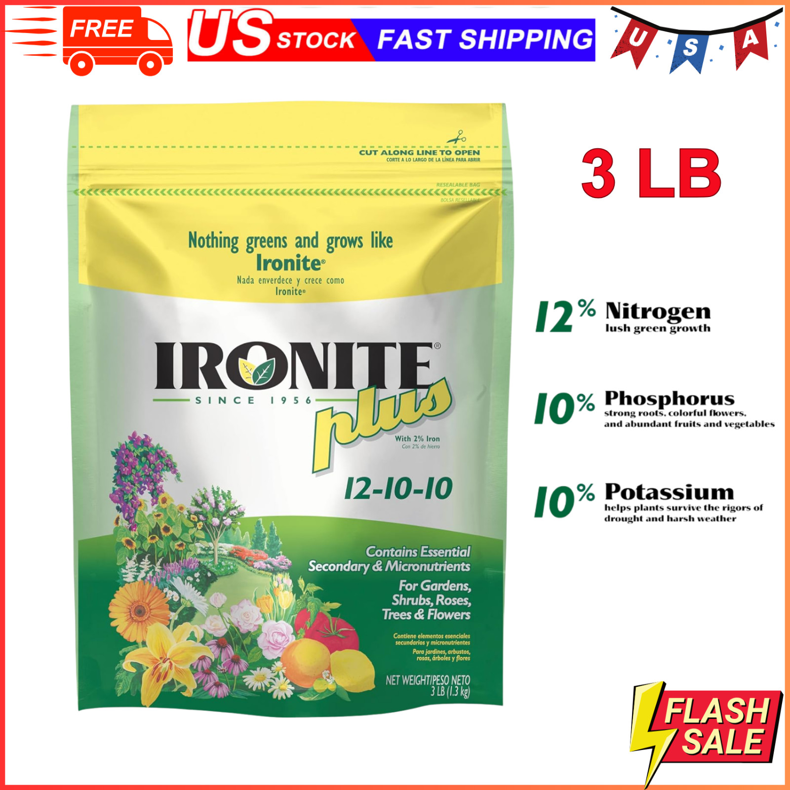 Ironite Plus Shrubs, Trees Plant Food Bag Granular 12-10-10, 3LB, Fast-Acting