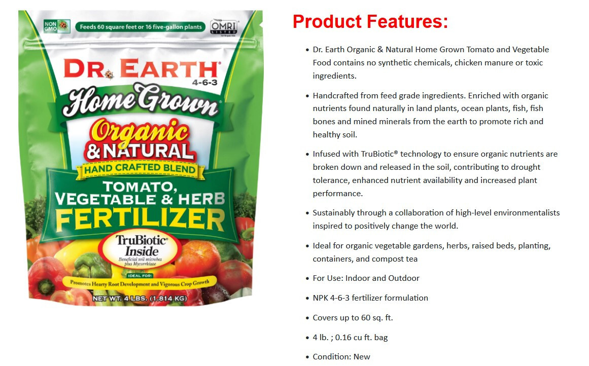 Dr Earth Organic Natural Home Grown Tomato Vegetable Plant Food Fertilizer 4 lbs