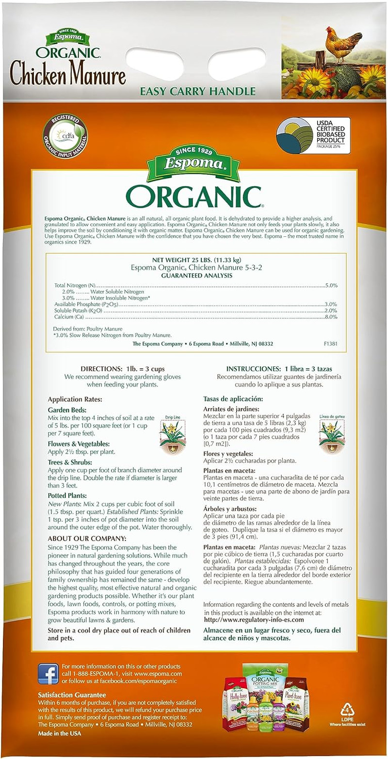 Organic Chicken Manure 25 Lb. Bag. All Natural & Organic Fertilizer for All Flow