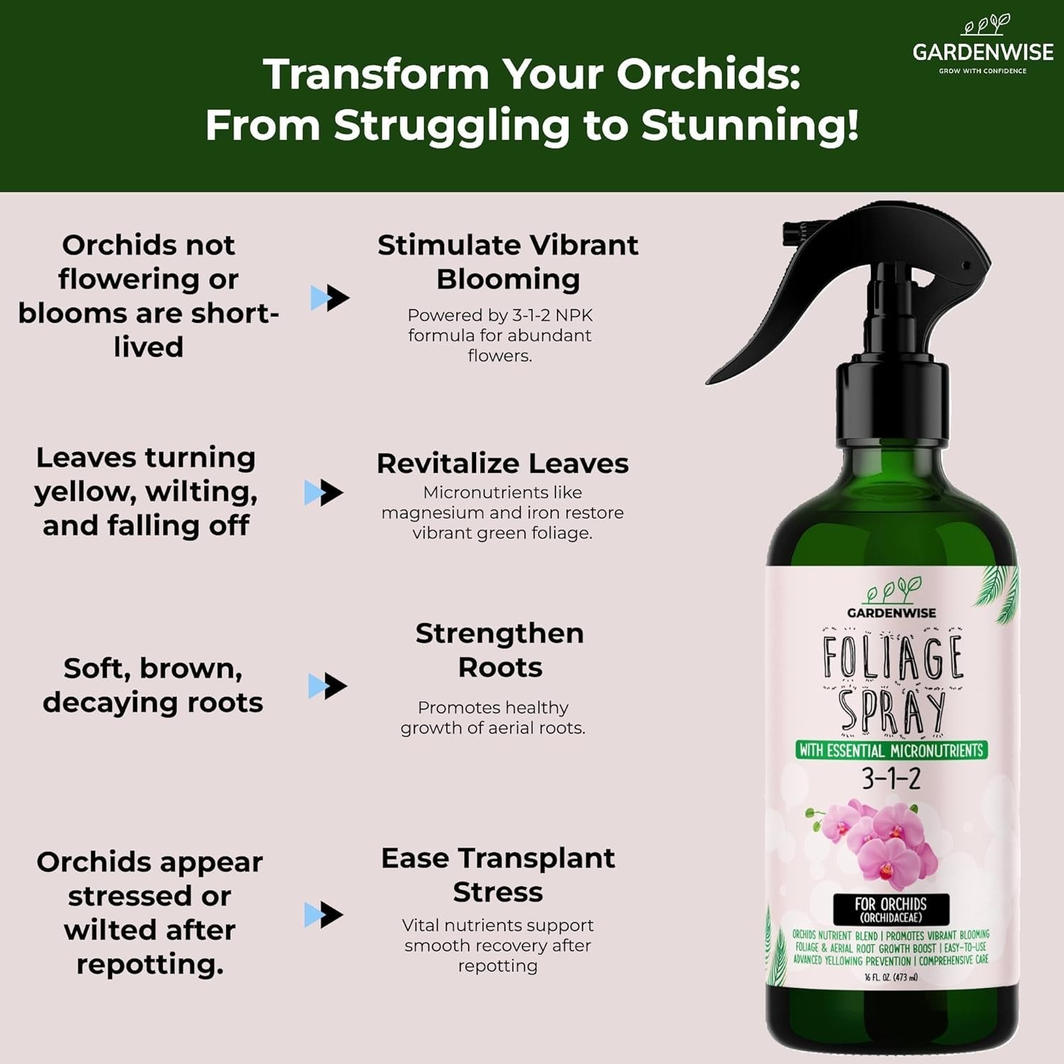 Orchid Fertilizer Spray 3-1-2 Premium Orchid Food Mist for Blooming 8–16oz
