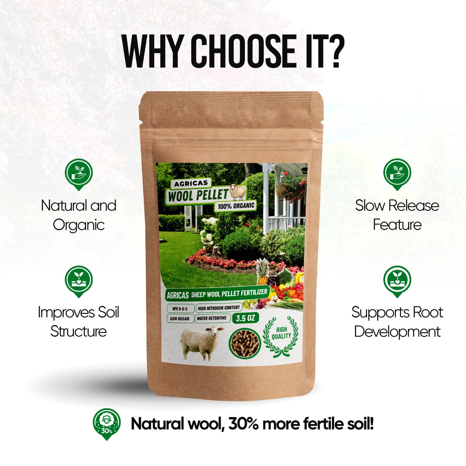 AGRICAS Wool Pellet Organic Fertilizer 3.5 oz – Sheep Wool, Indoor/Outdoor Use