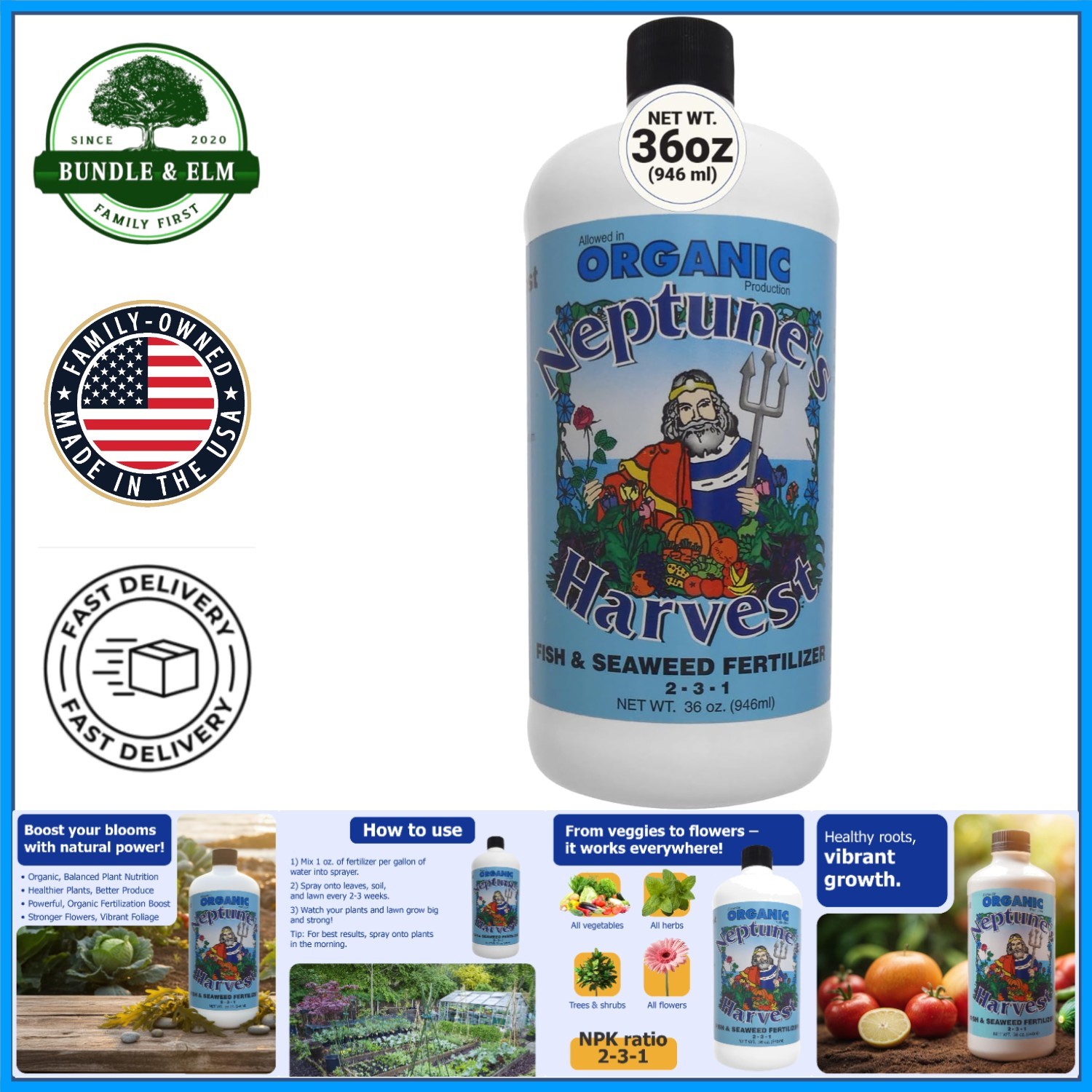 36oz Organic Fertilizer with Fish and Seaweed for Vegetables, Flowers, and Lawns