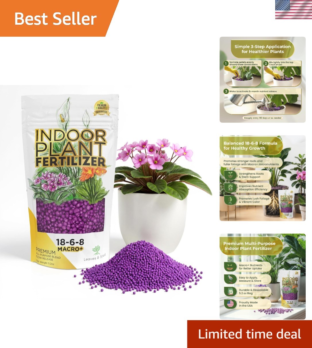 5.2 oz Indoor Plant Fertilizer | 18-6-8 Macro Plus for Seedlings & Mature Plants