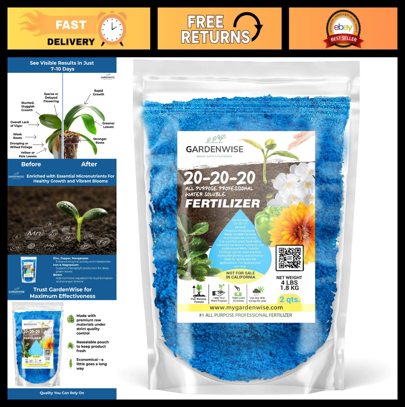 Water-Soluble 20-20-20 Fertilizer Powder for Indoor/Outdoor Plants, 2 Quarts