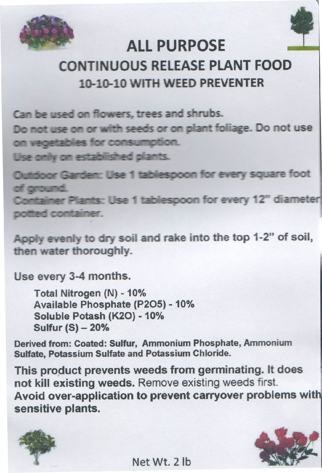 Fertilizer Continuous Release 10-10-10 w/weed prevent 2 lb bag Flower,Tree,Shrub