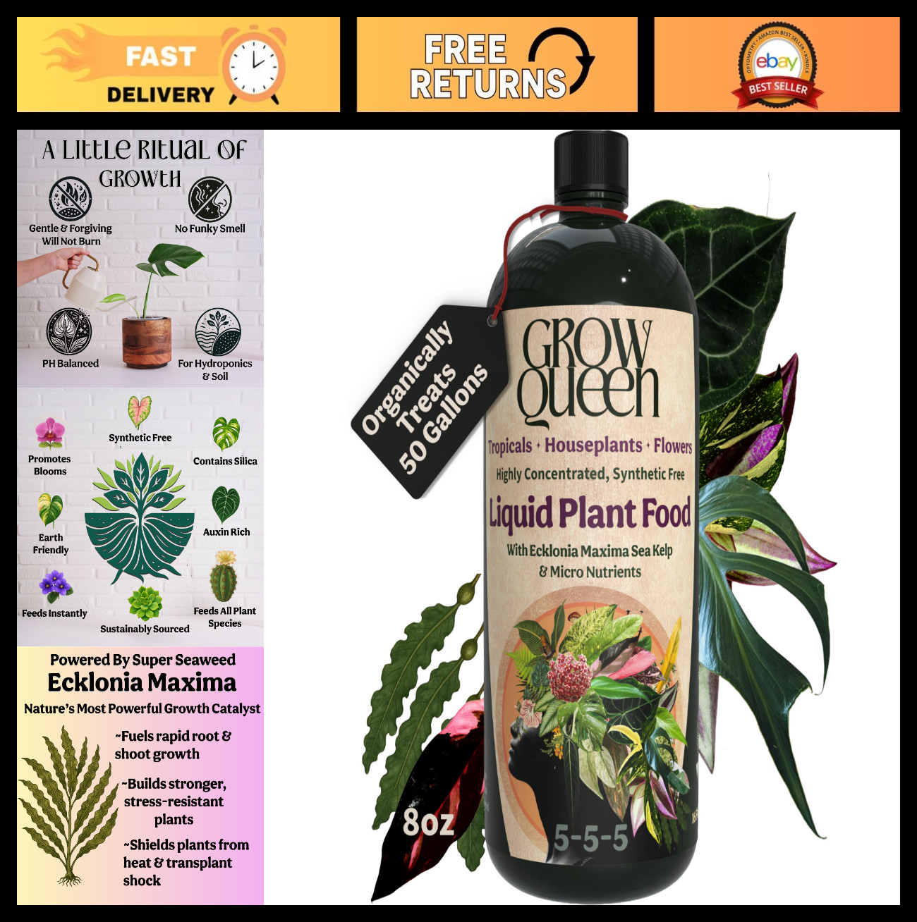 Organic Liquid Fertilizer for Indoor Plants – All-Purpose 5-5-5 with Sea Kelp, 8