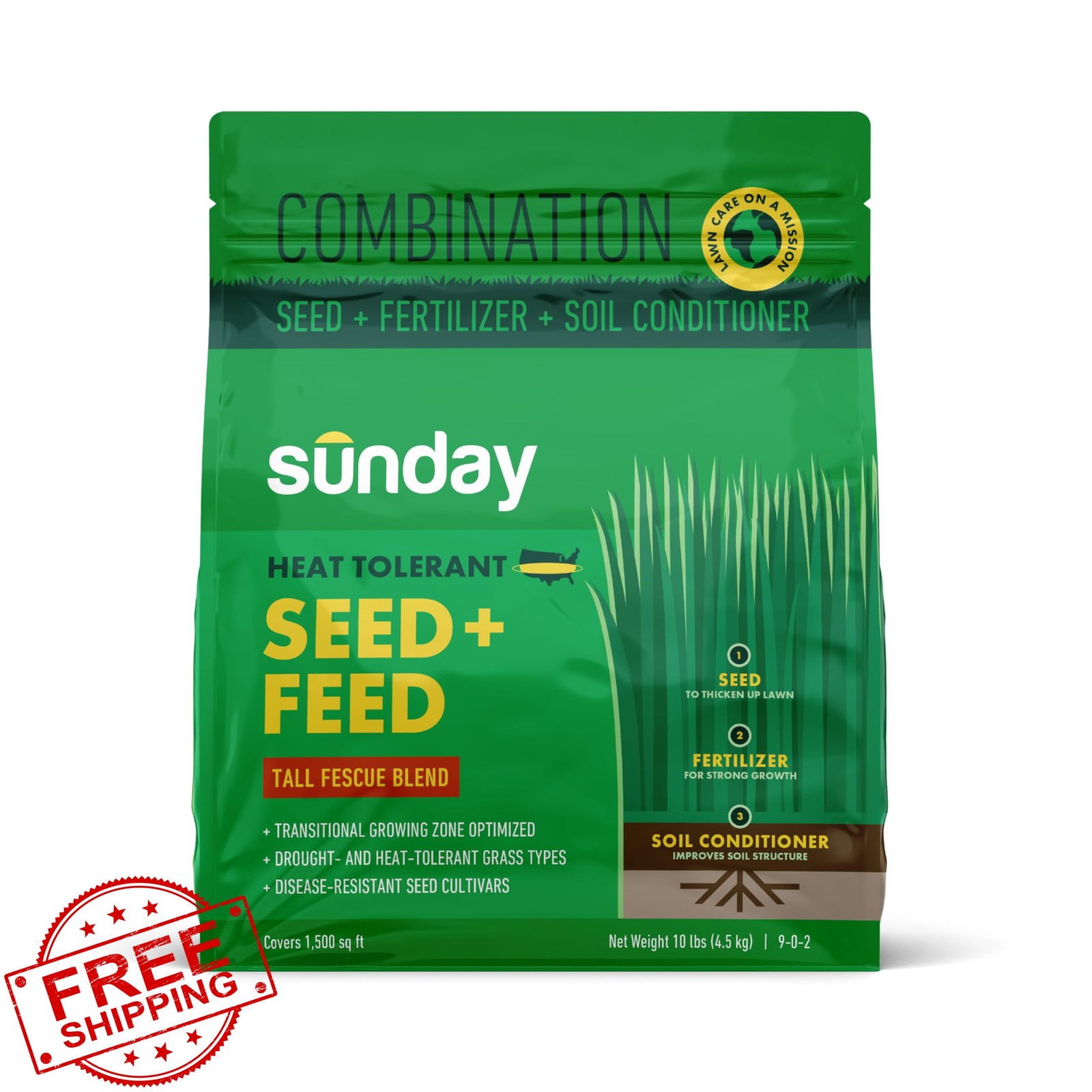 Sunday Heat Tolerant Grass Seed Fertilizer Soil Conditioner 10lbs 1500sqft