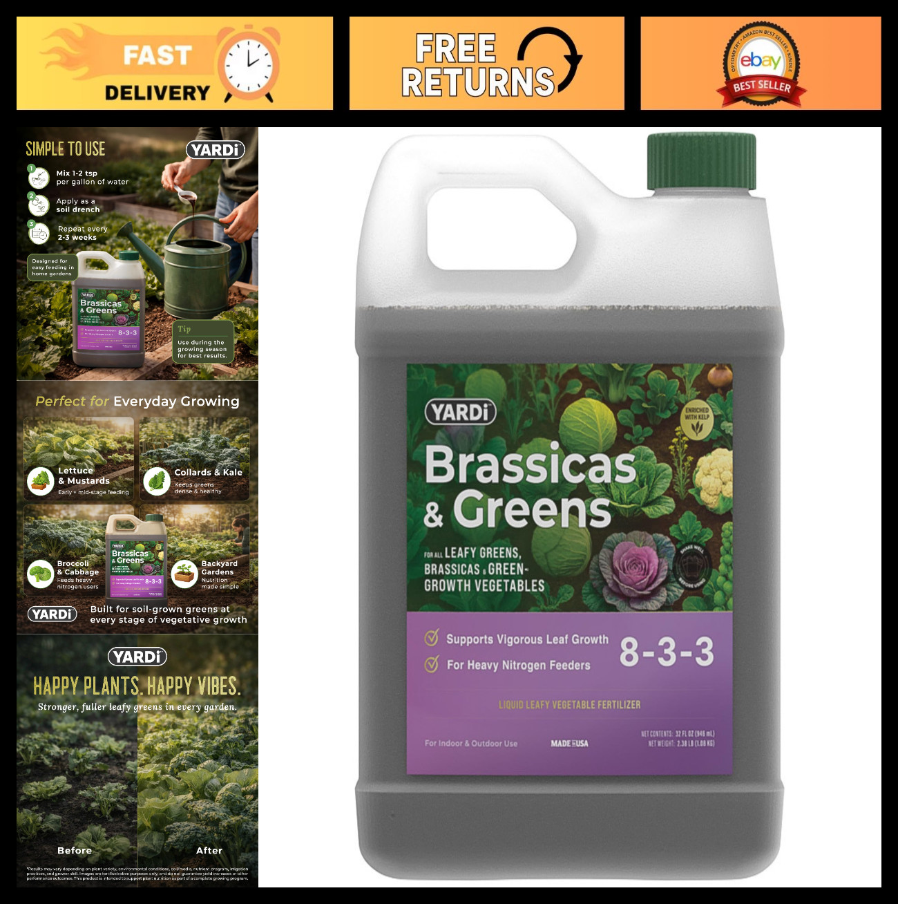 High Nitrogen Liquid Fertilizer 8-3-3 for Kale, Cabbage, Broccoli & Greens 32 oz