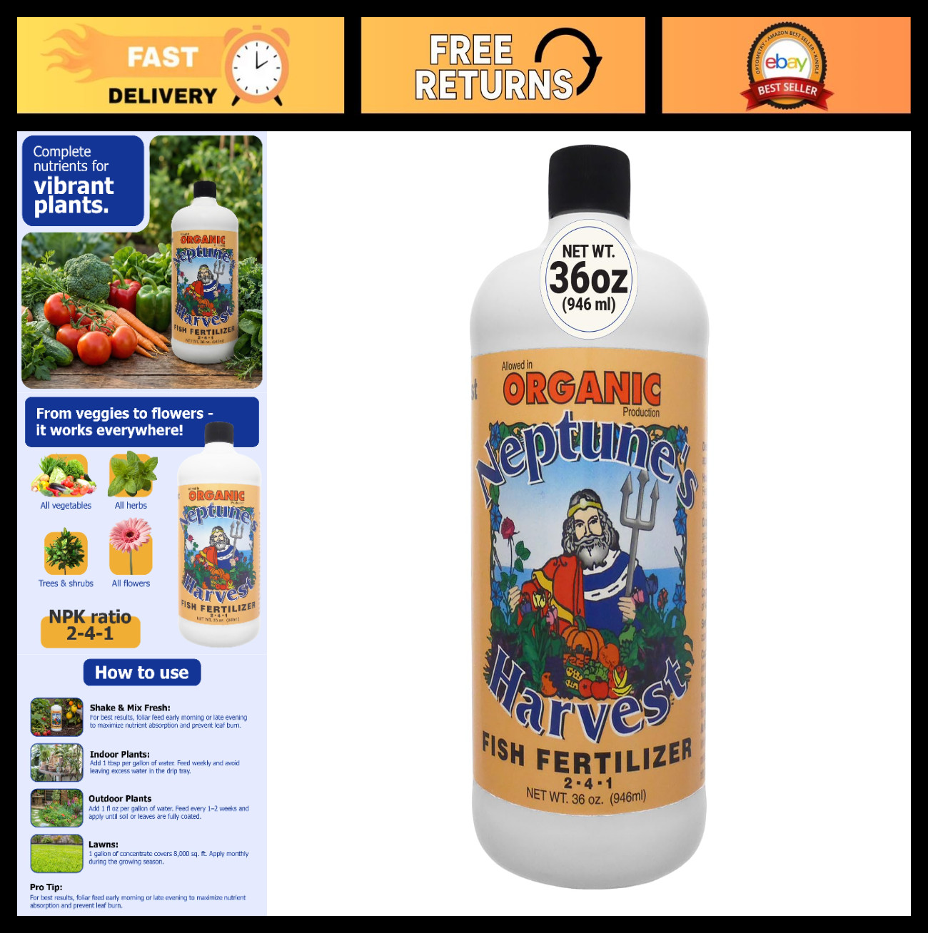 Organic Fish Fertilizer 2-4-1 – Liquid Plant Food for Vegetables, Flowers, Trees
