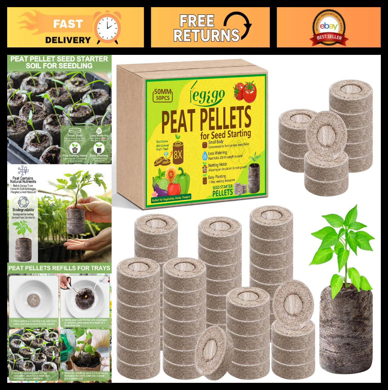 50 Pcs Seed Starter Peat Pellets 50mm – Compressed Pods for Seedlings, Herbs, Fl