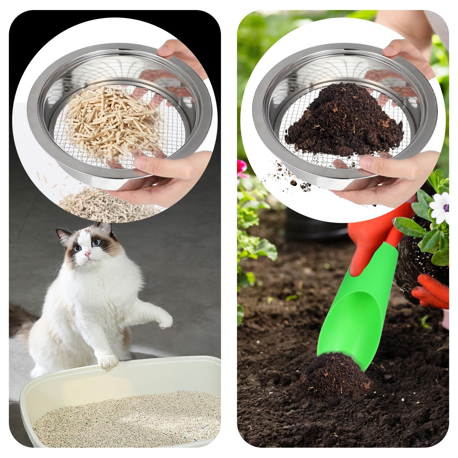 Soil Sieve Set Garden Soils Sifter Stainless Steel 9.5 x 2.36 Inch, SILVER