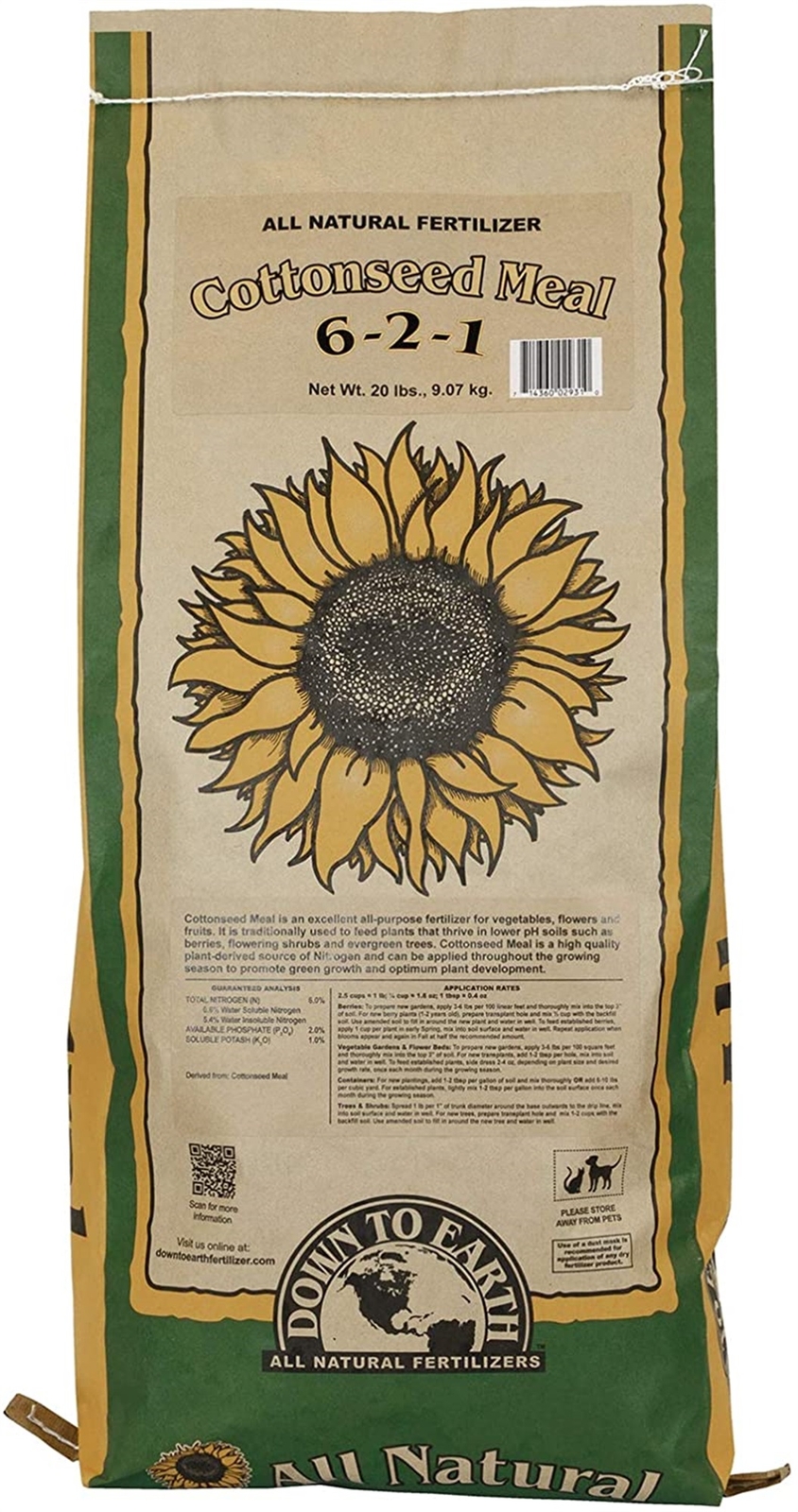Down to Earth All Natural Cottonseed Meal Fertilizer 6-2-1, 20 lb