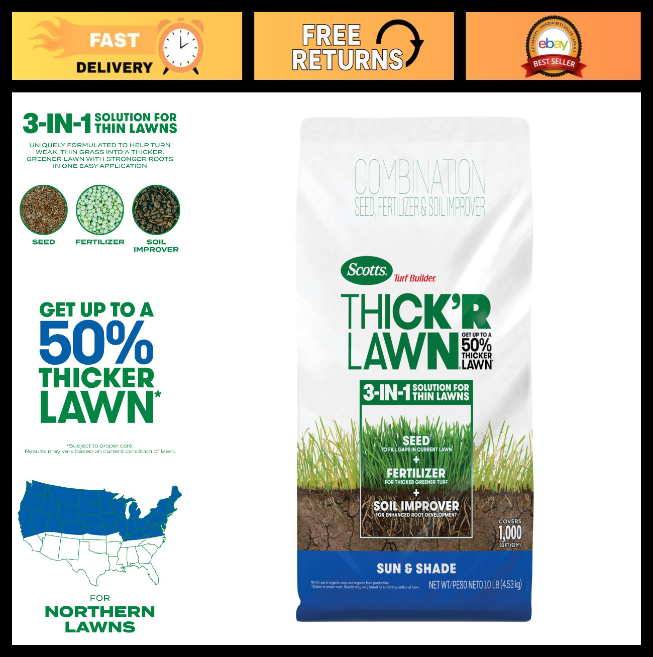 Thick Lawn Seed & Fertilizer Mix for Sun & Shade, 10 lbs – Covers 1,000 sq ft