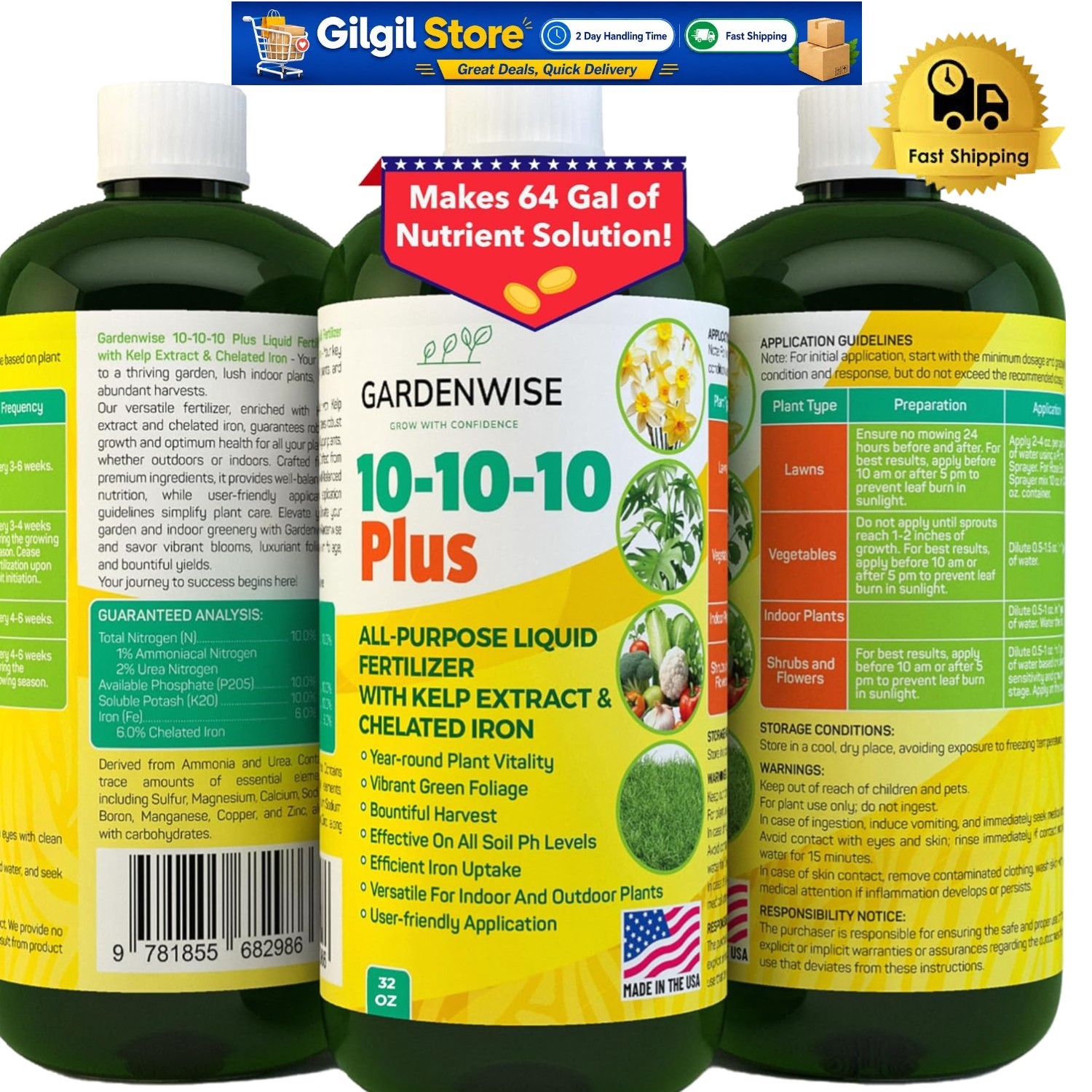Versatile 10-10-10 Liquid Fertilizer with 6% Iron – Indoor & Outdoor Use, 32 Oz