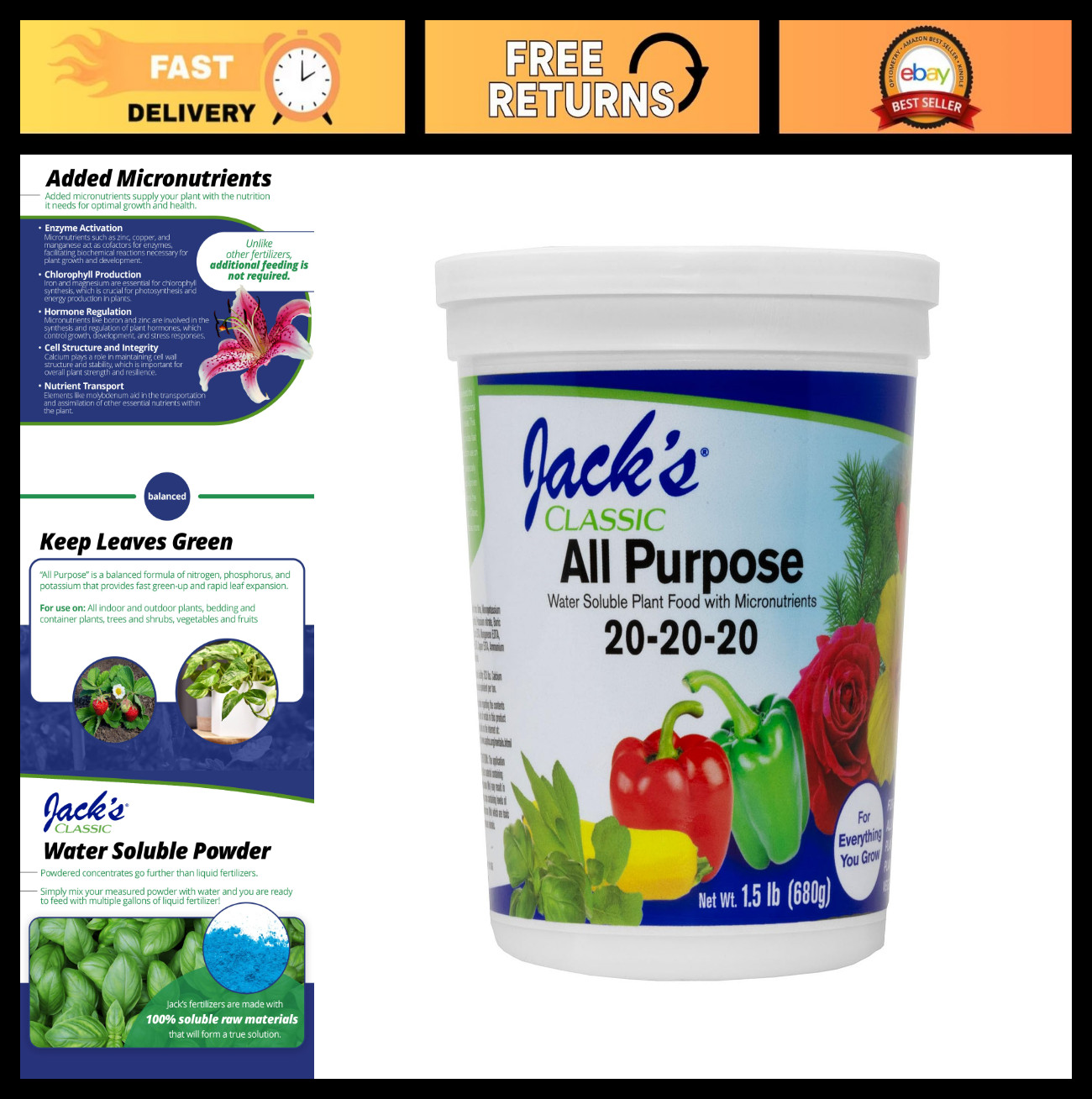 Water Soluble Plant Food 20-20-20 – 1.5lbs, Micronutrient Boost for Growth & Gre