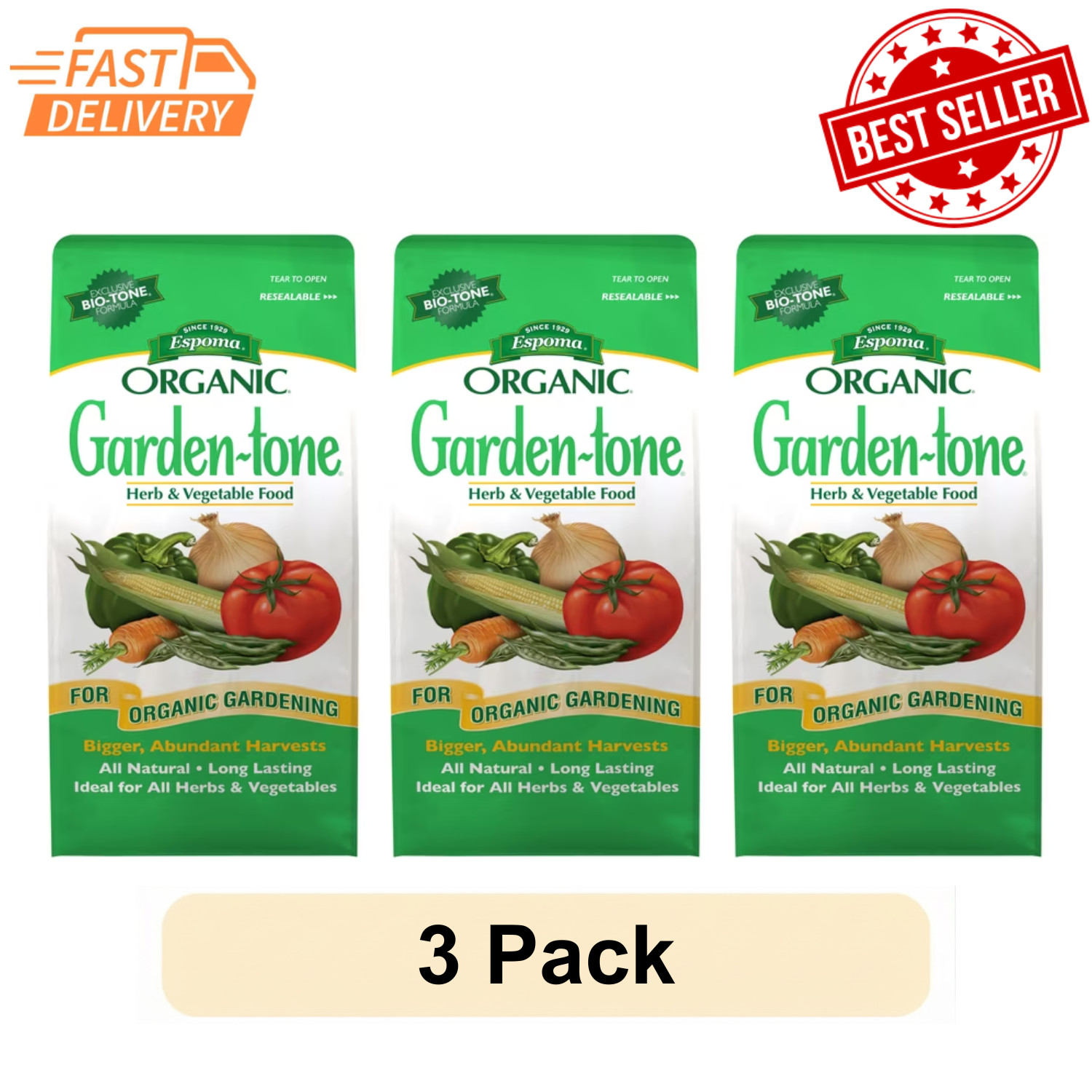 3 Pack Espoma Organic Garden-tone 3-4-4 Natural Plant Food 8lb Bag Kit